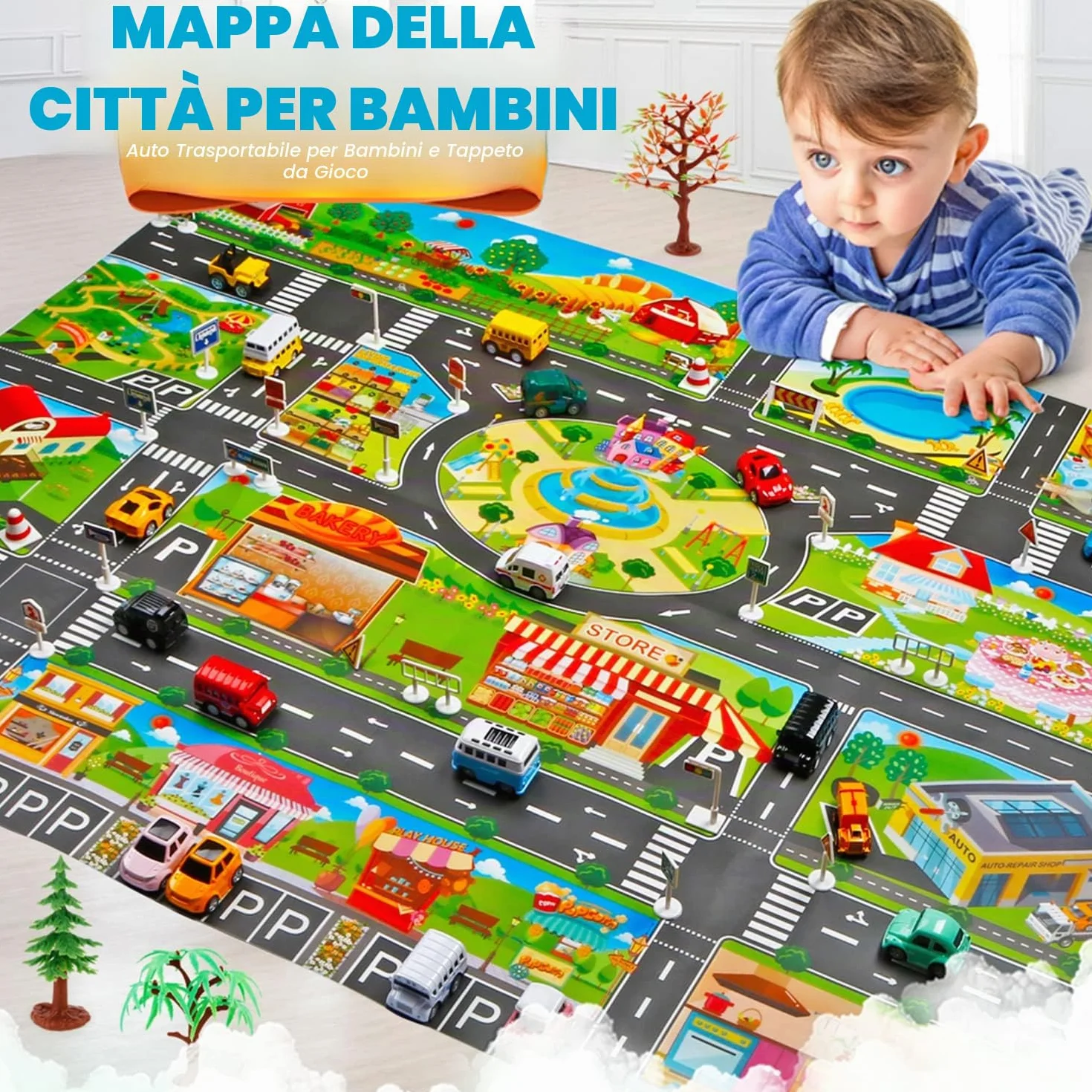 Tappeto giocattolo(39 * 51in/100 * 130cm) tappetino da gioco in PVC per bambini, tappetino da gioco in plastica impermeabile