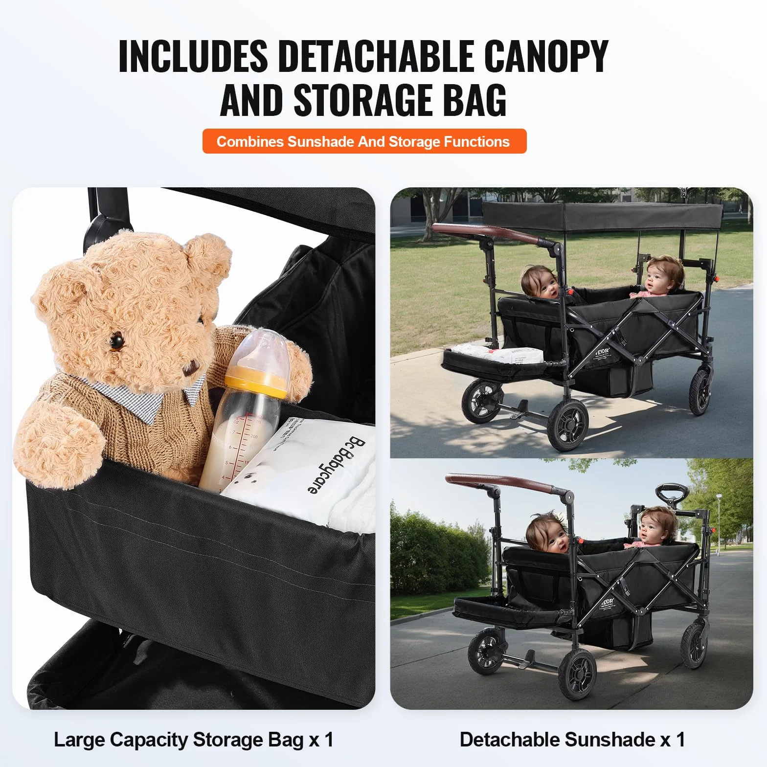 VEVOR Passeggino Wagon per 2 Bambini Pieghevole con Maniglia Regolabile, Tettuccio Rimovibile, Imbracatura Circolare, 4 Ruote con Freni, Multifunzione per Campeggio, Nero