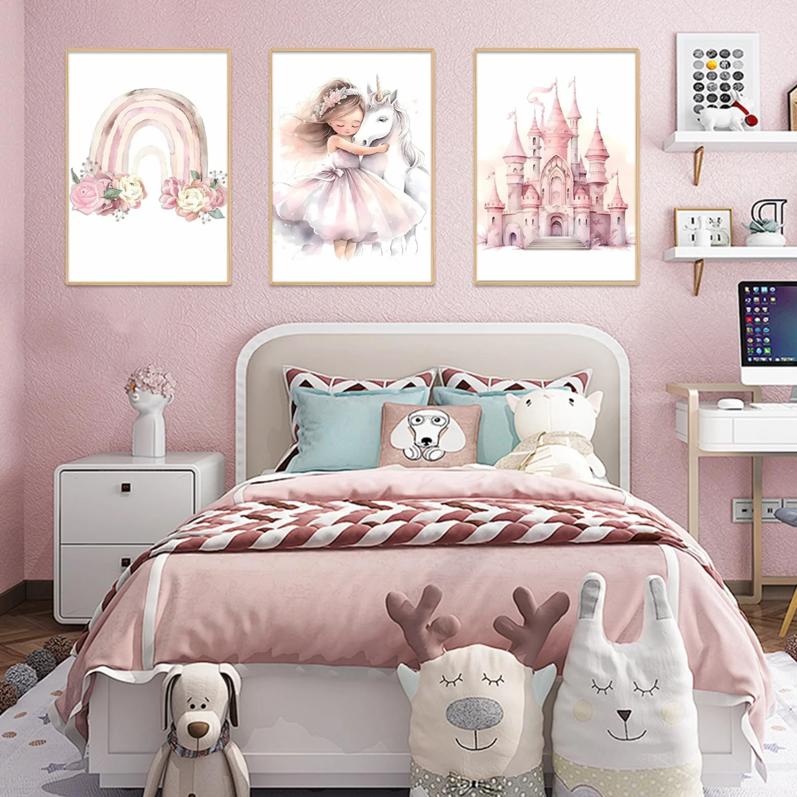 Zamety Poster da Parete Ragazza, Quadro Camera da Letto 30×40cm, Set di 3 Poster Arcobaleno Unicorno Principessa e Castello, Stampe da Parete Adatto per Camerette per Bambine, Senza Cornice