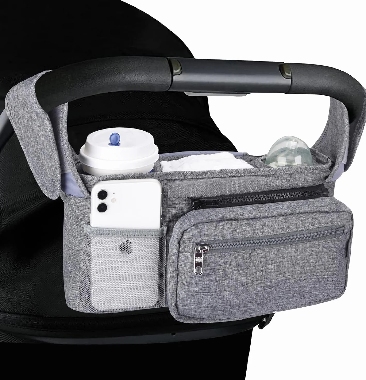 Bebamour Organizzatore per passeggino e ganci per passeggino 2PCS Borsa per carrozzina Organizzatore per passeggino Borsa di stoccaggio con tasca staccabile Tasca per cellulare Organizzatore,Grey
