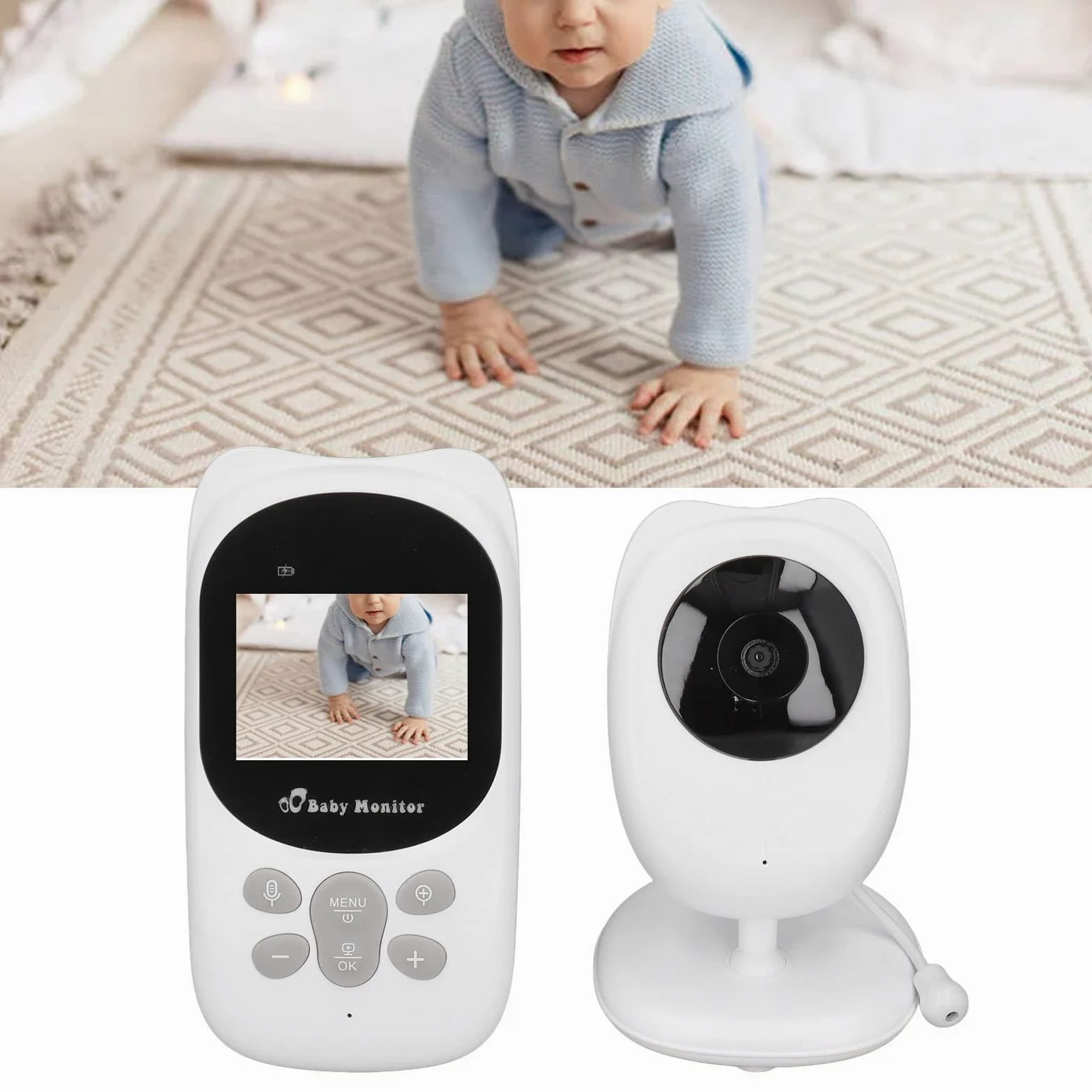 Baby Monitor, Schermo LCD HD da 2,4 Pollici Induzione a Infrarossi Citofono Bidirezionale Baby Camera Monltor, Funzione Musicale Visualizzazione Della Temperatura Ottica Infantile Baby Monitor(UE)