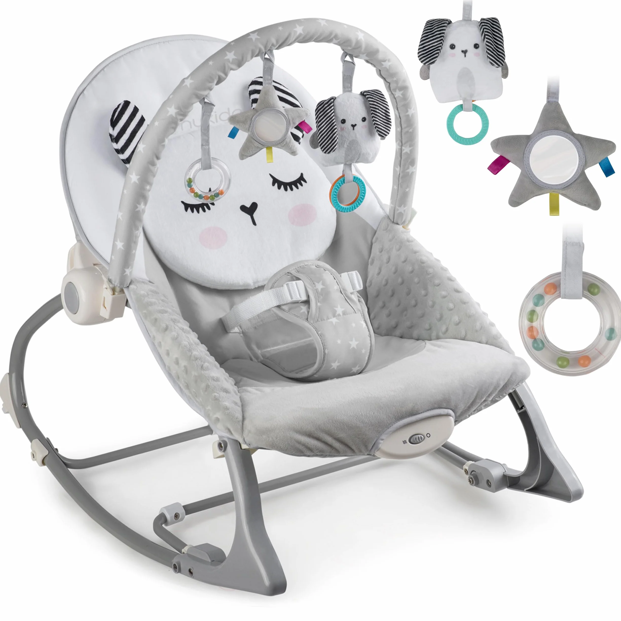 Nukido Sdraietta Neonati - Dondolino con Vibrazione e Giochi - Piedini Antiscivolo - fino a 18 kg Grigio