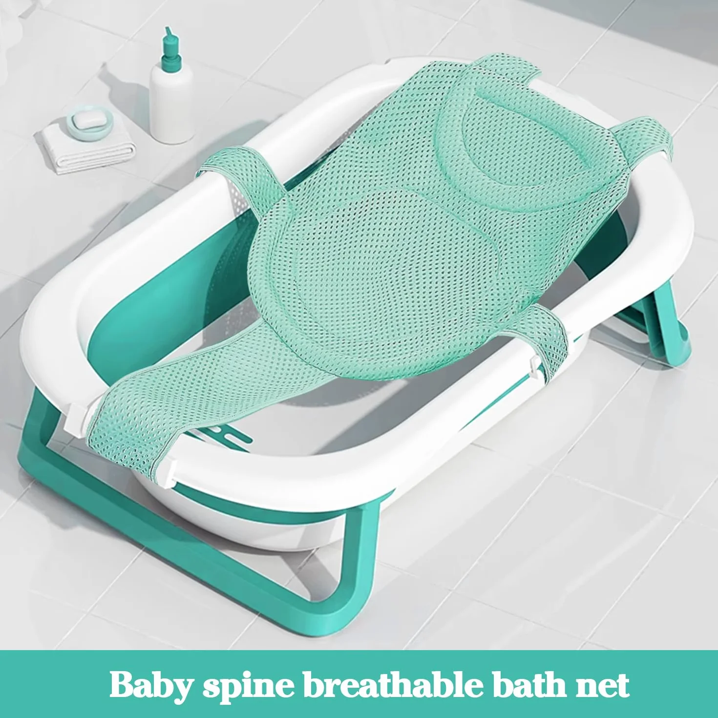 Rete Bagnetto Sedile Inserto Supporto Doccia Neonato Bambini Comodi Antiscivolo Tasca Piatto Bagno Confortevole Seggiolino Tessuto Doppia Verde Chiaro, 1 Pezzo