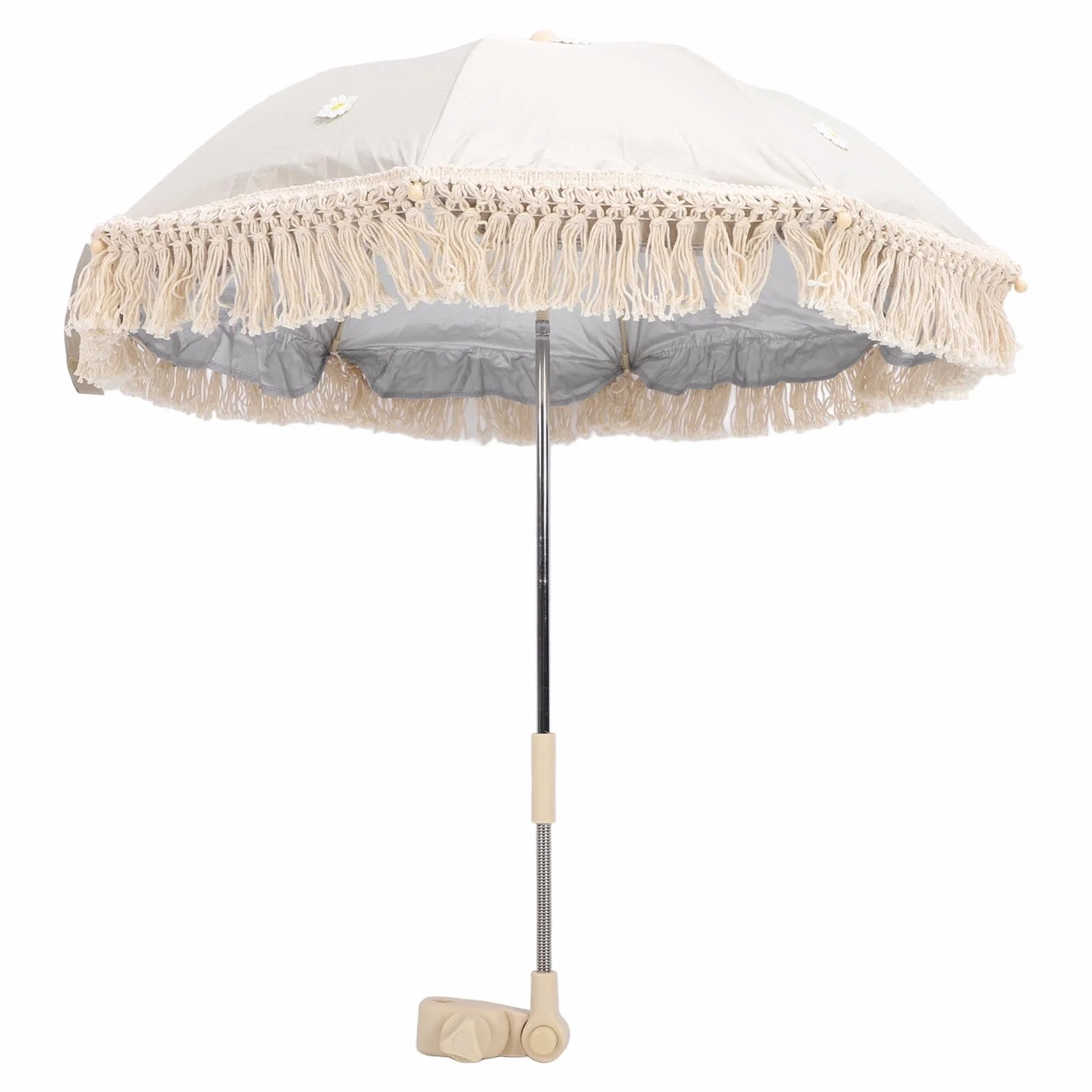 Ombrellone parasole per bambini, resistente ai raggi UV, per bambini, spiaggia, con nappe per passeggino, passeggino, tribune (beige con piccolo crisantemo)