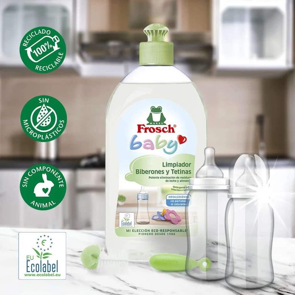 Frosch Baby - Detergente per biberon e tettarelle, rimuove residui di latte e cibo, prodotto ipoallergenico ed ecologico, confezione da 8 pezzi x 500 ml