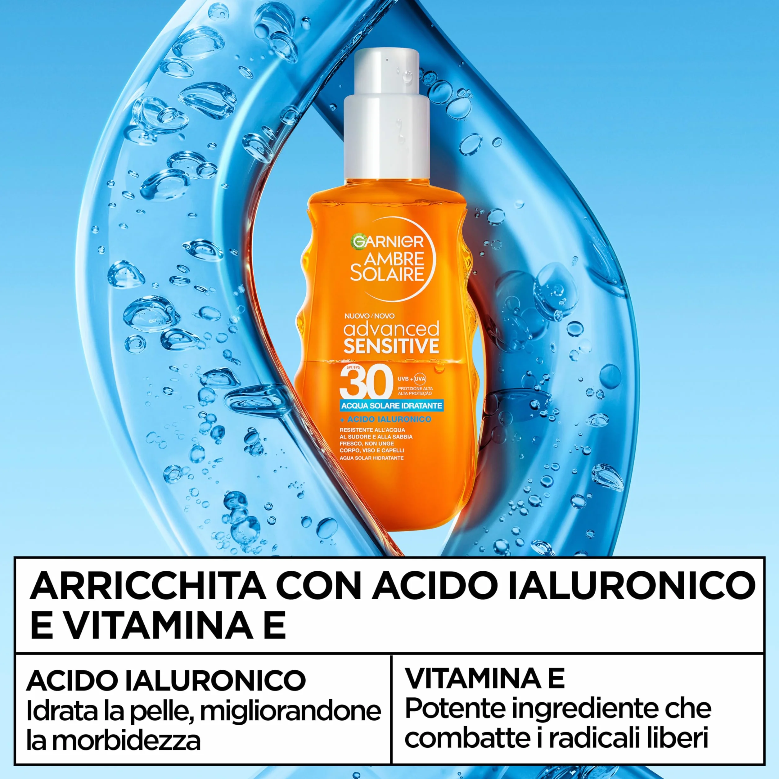 Garnier Acqua Solare Idratante SPF 30, Per Tutti i Tipi di Pelle, Idratazione e Protezione dagli UV, Resistente ad Acqua, Sudore e Sabbia, Finish Invisibile, Ambre Solaire Advanced Sensitive, 150 ml