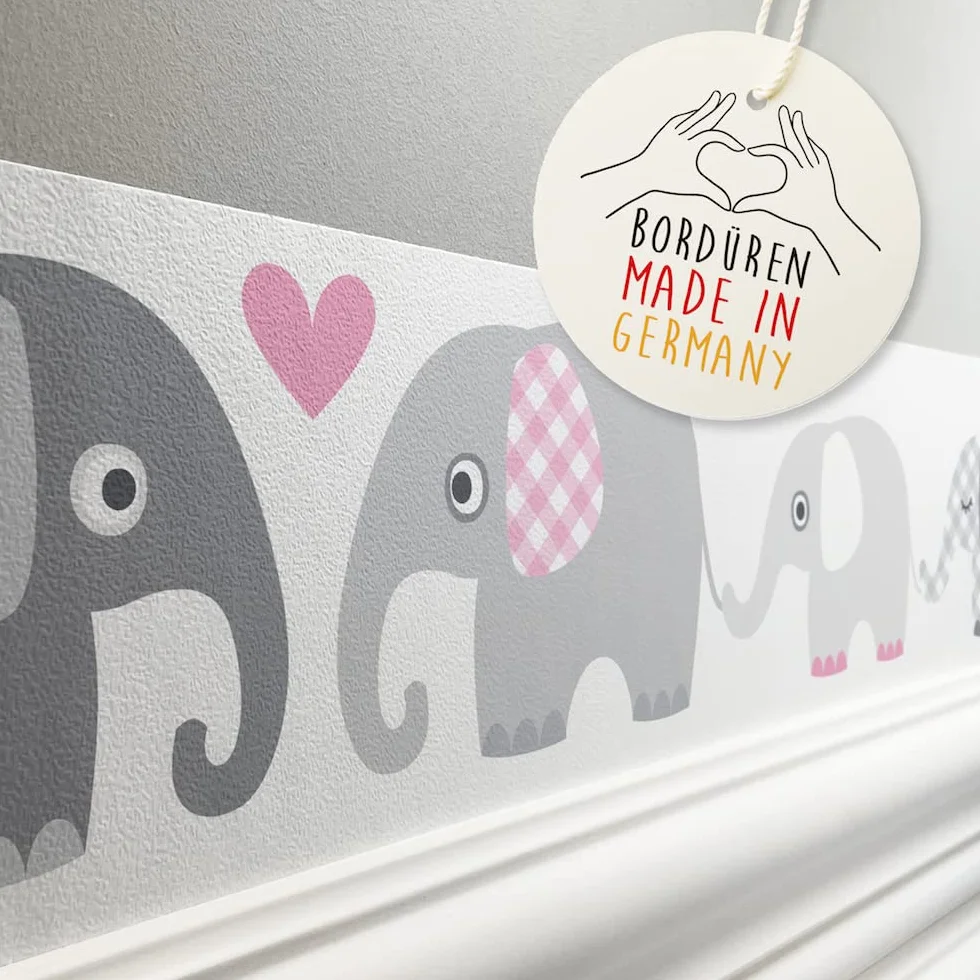 bordatura da parete per bambini - con motivo di elefanti - rosa/grigio - bordo autoadesivo in tessuto non tessuto - 450x11.5 cm