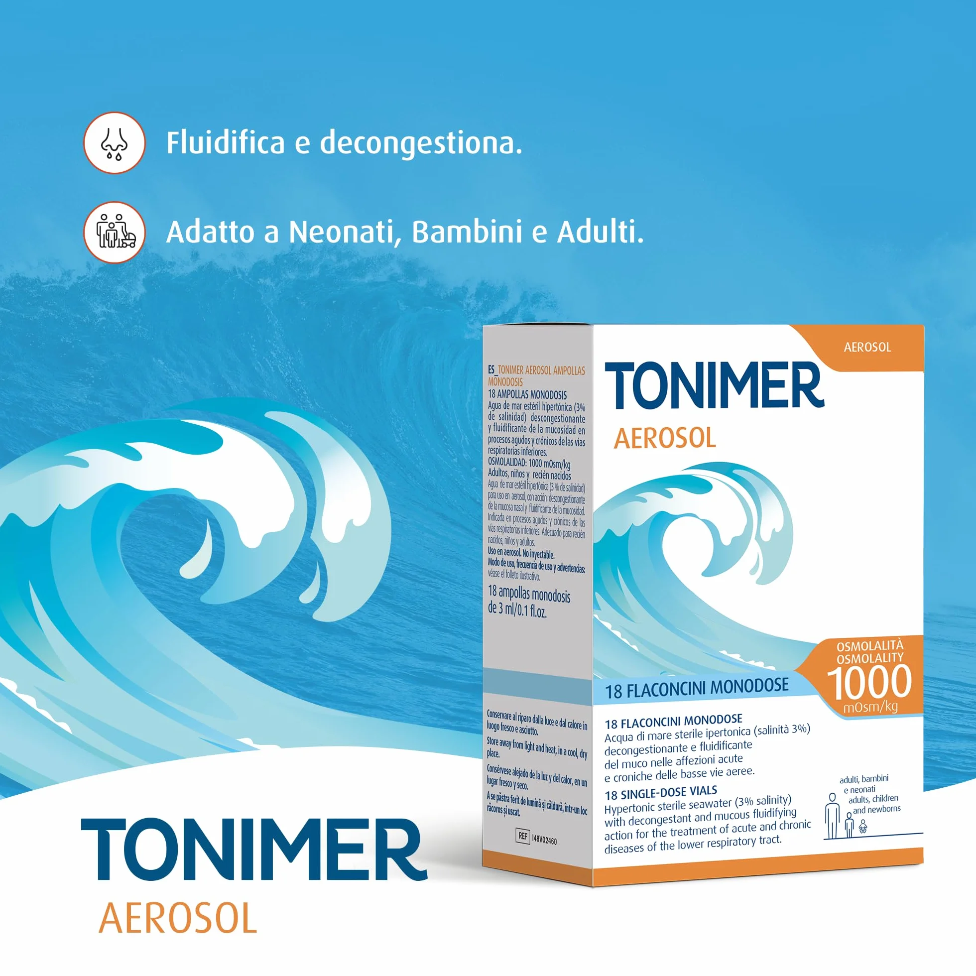 Tonimer Aerosol 1000-18 flaconcini monodose - Acqua di Mare Sterile Ipertonica (salinità 3%) - Decongestionante e Fluidificante del Muco - Adatta a Neonati, Bambini e Adulti