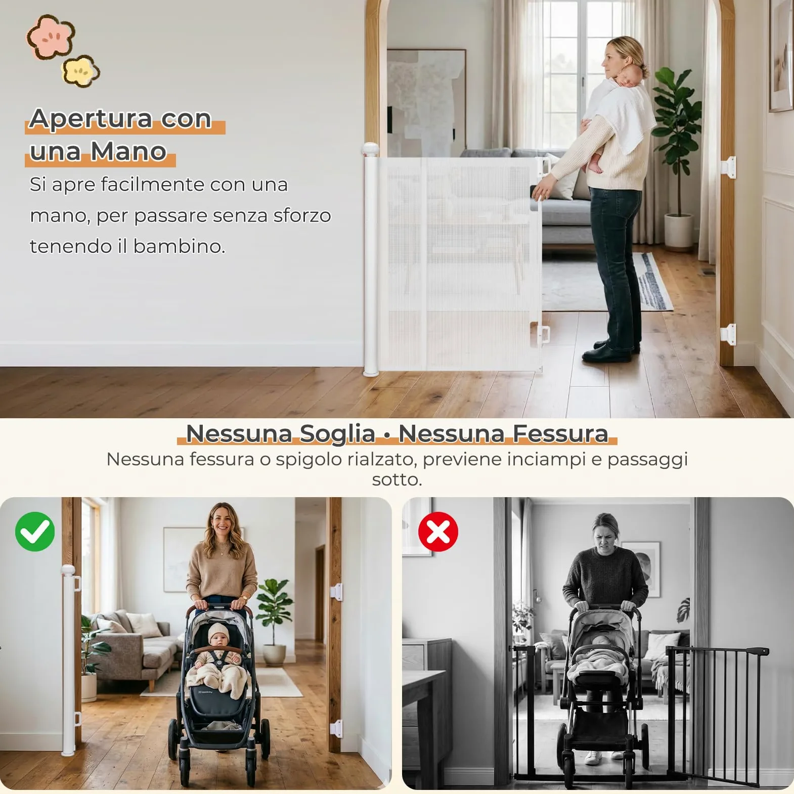 Ycozy Cancelletto per Bambini Scale Senza Foratura 0-200cm Cancelletto per Cani con Barra di Supporto，Retrattile Cancello Bambini Adatto per Scale Interni Esterni