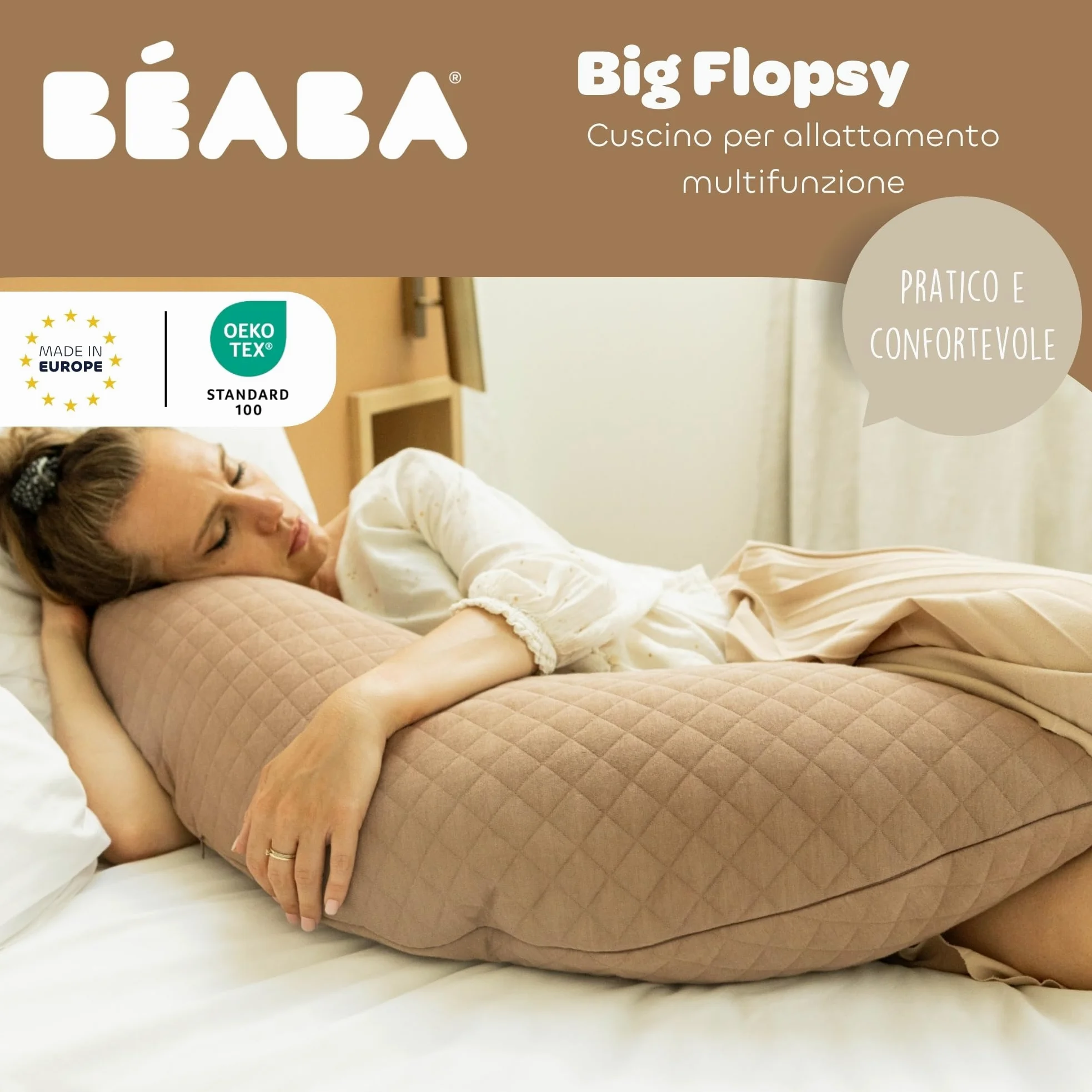 BÉABA Big Flopsy – Cuscino Allattamento e Gravidanza, Multifunzionale, Ideale per Dormire e Allattare, Supporto e Comfort Ottimale, Riposo Notturno, Tessuto Cotone Oeko-Tex – Cacao