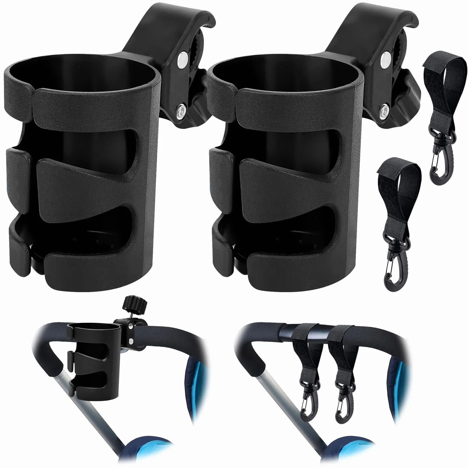 2 Pezzi Portabicchieri per Passeggino con 2 Ganci Universale Regolabile Rotazione a 360 Gradi Portabicchieri per Passeggino Bicicletta Buggy Accessorio per Carrozzine e Sedia a Rotelle