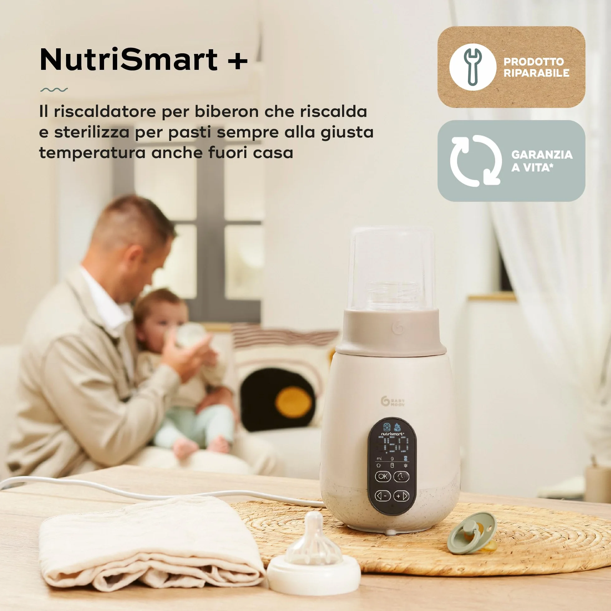 Babymoov Scaldabiberon e sterilizzatore NutriSmart(+) - Portatile - Casa e auto - Adattatore, cestello e coperchio inclusi - Riscaldamento programmabile - Funzione di mantenimento del calore per 1 ora