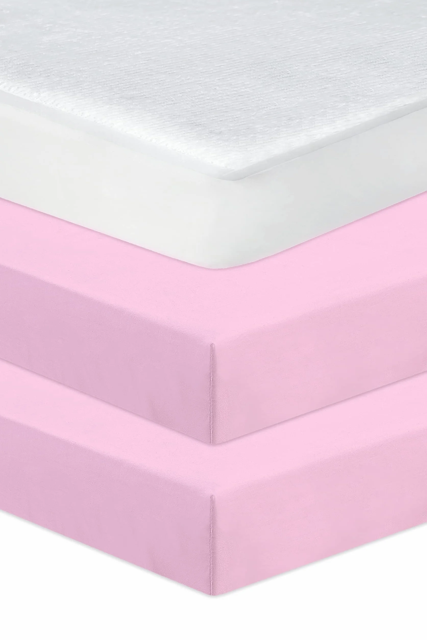 Next To Me - Set di 3 lenzuola con angoli per culla (83-85 x 50-51 cm) | 100% puro cotone, 2 lenzuola con angoli e 1 coprimaterasso impermeabile (rosa)