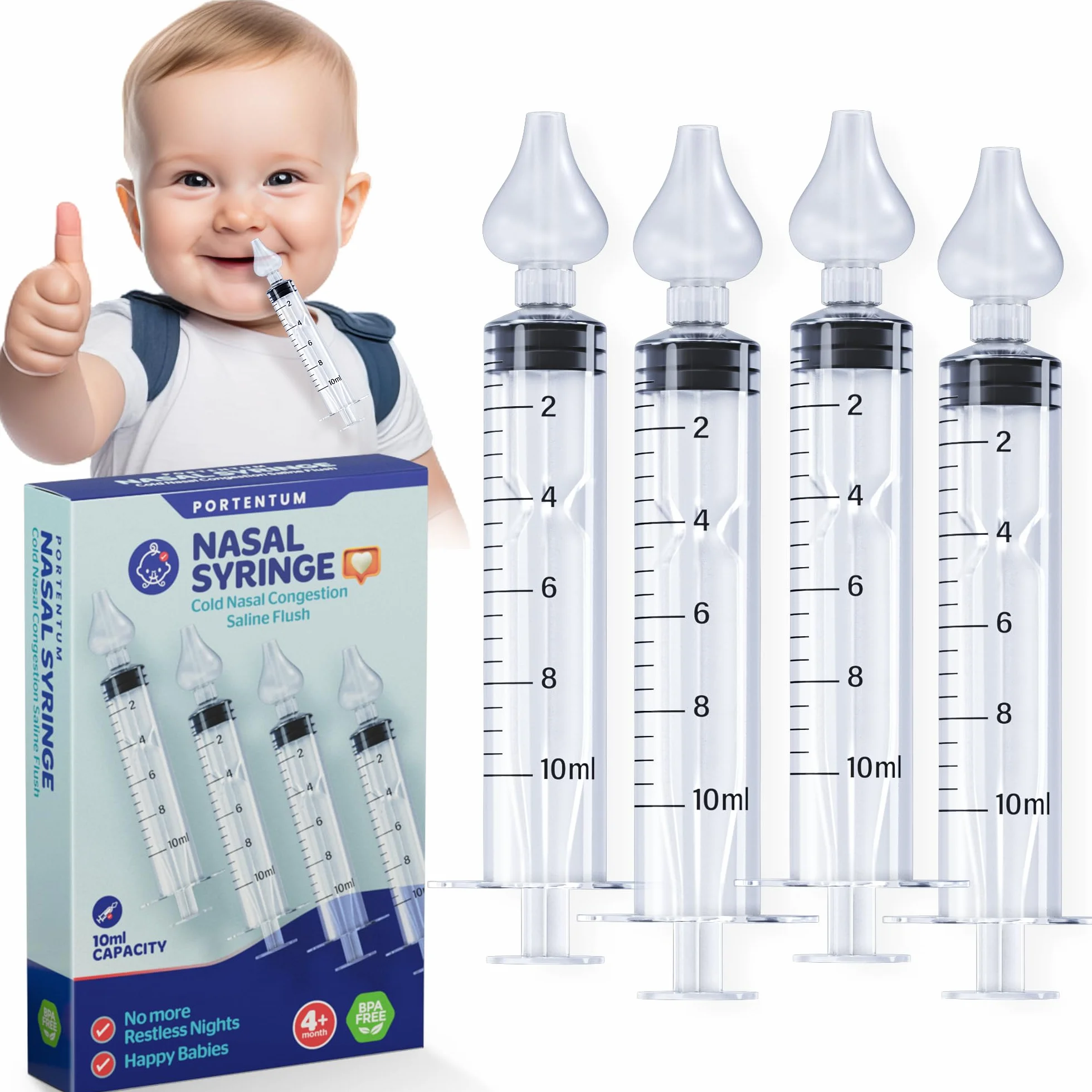 PORTENTUM Lavaggio nasale bambini, irrigatore nasale 10 ml 4 pezzi siringhe lavaggi nasali con punta in silicone morbido