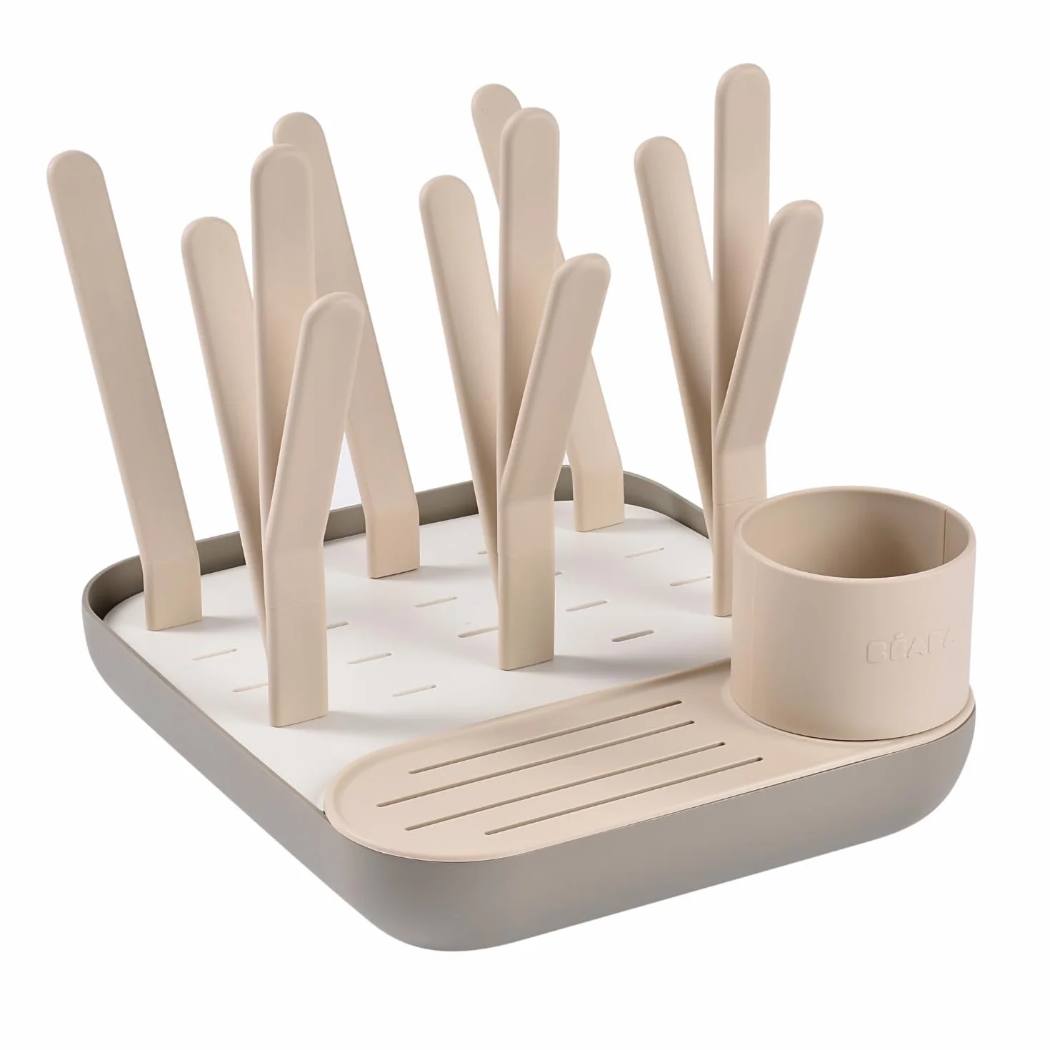 BÉABA Scolabiberon e Asciugabiberon – Grande Capacità, Modulabile, Fino a 6 Biberon e Piatti Bambino, Contenitore Accessori, Drenaggio Ottimizzato, Facile da Riporre, Compatto e Pratico – Argilla