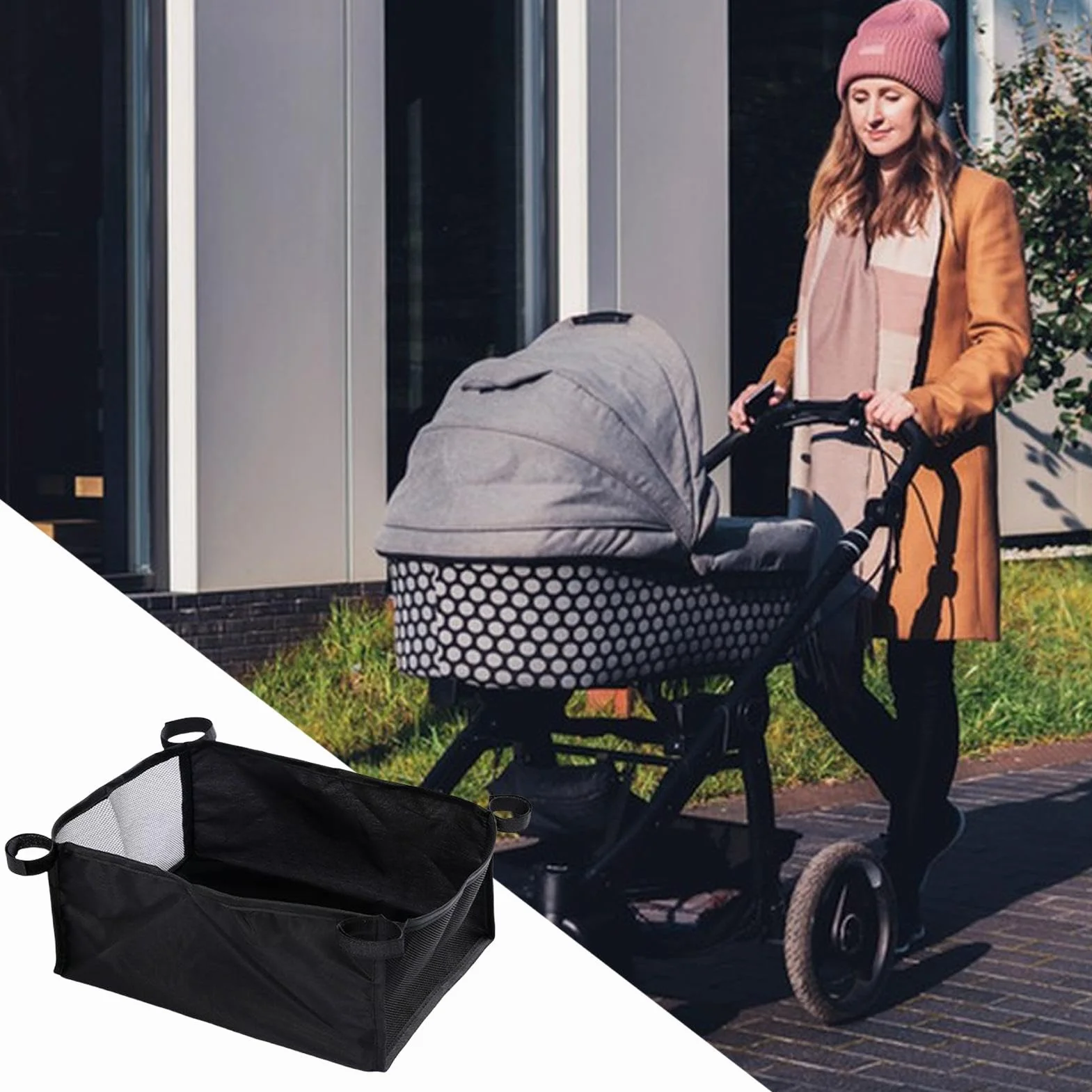 Sotto il cestino del passeggino, cestino inferiore del passeggino - Borsa portaoggetti per passeggino - Borsa portaoggetti portatile per passeggino, custodia in rete in tessuto Oxford per