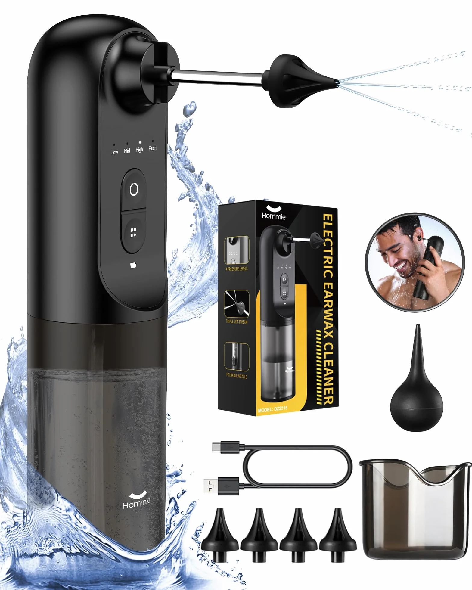 Hommie Kit Elettrico per la Rimozione del Cerume, Impermeabile IPX7 Kit di Irrigazione per la Pulizia delle Orecchie con 4 Punte Riutilizzabili