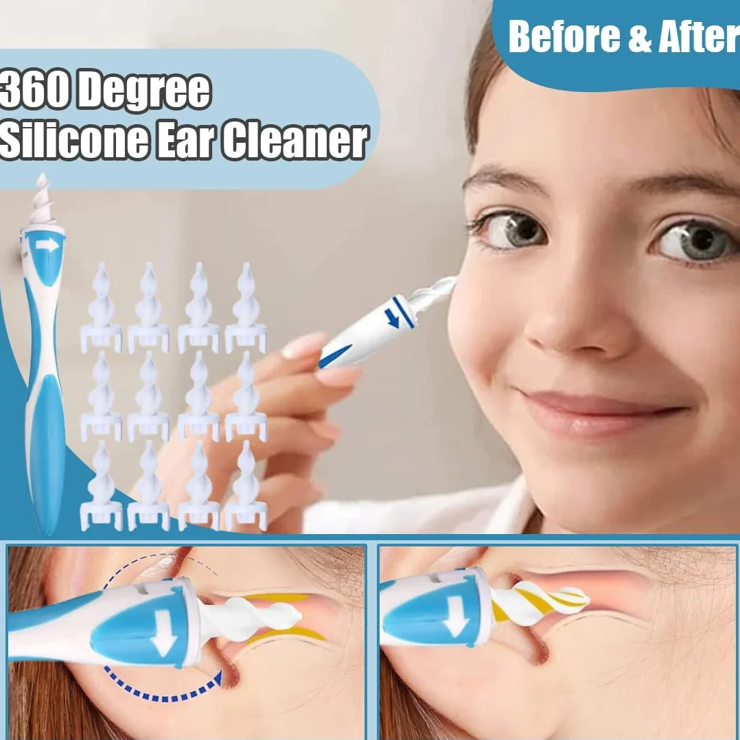 Pulisci Orecchie a Spirale in Silicone, Rimuovi Cerume in Modo Sicuro e Delicato, Kit per Pulizia Orecchie con 1 Impugnatura e 16 Punte Lavabili, Ideale per Adulti e Bambini (Confezione Singola)