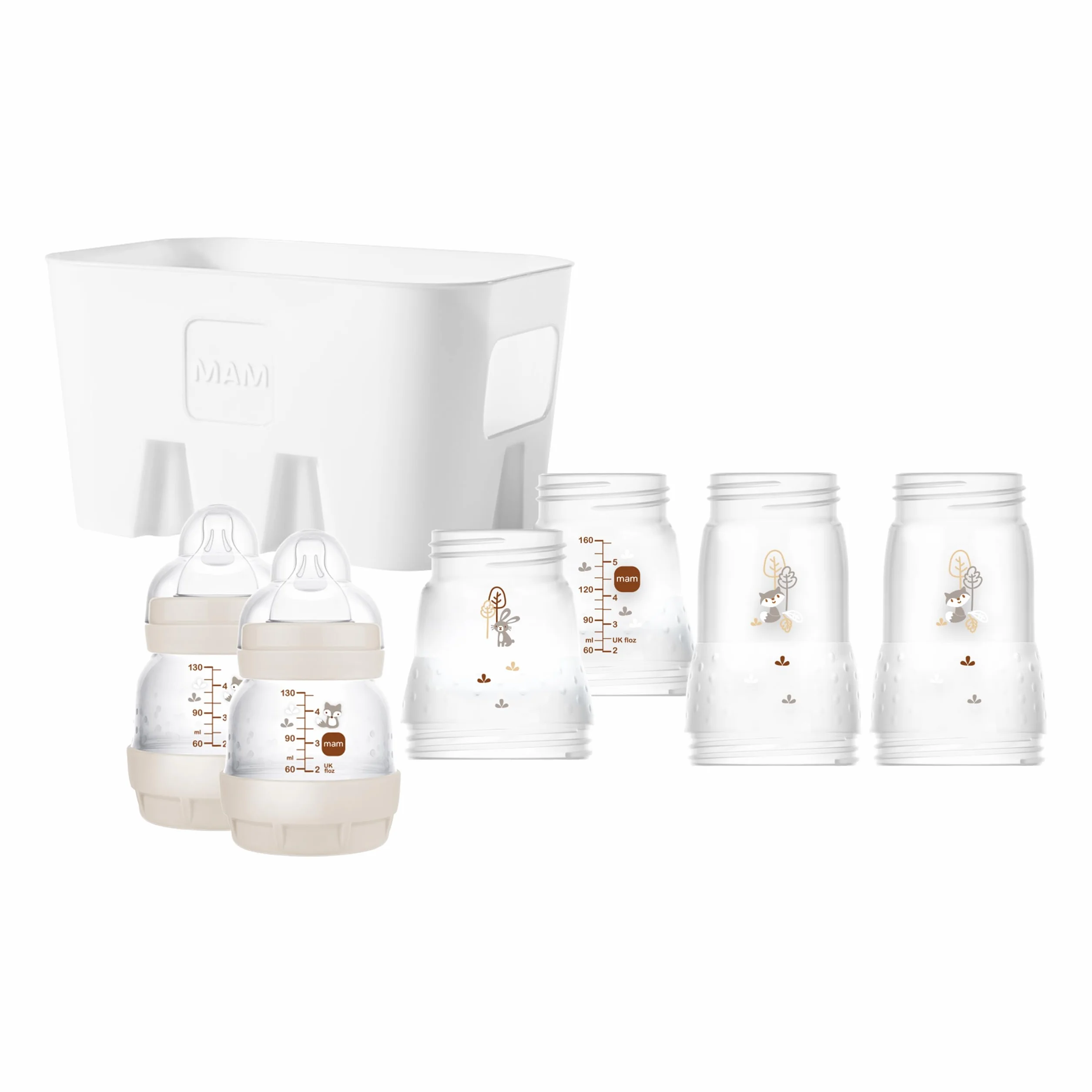 MAM Easy Start - Set di 6 biberon anti-coliche (2 x 130 ml, 160 ml, 260 ml) e cestino per biberon, colore: Beige