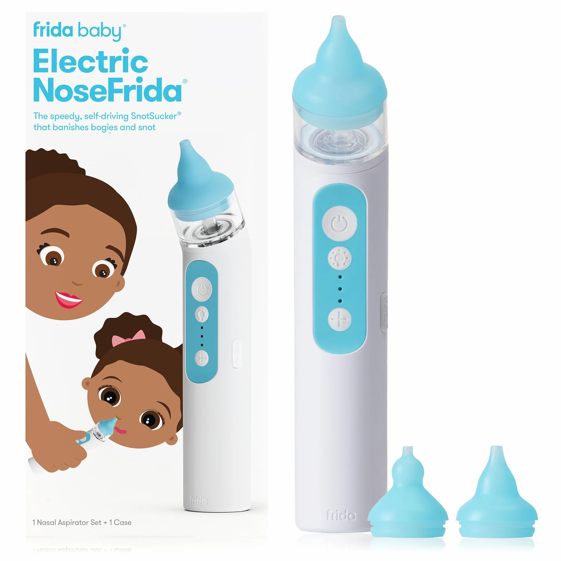 Frida Baby NoseFrida - Aspiratore nasale elettrico per neonati, ventosa nasale per neonati e bambini, per alleviare la congestione, con 3 livelli di aspirazione, 2 punte in silicone, USB