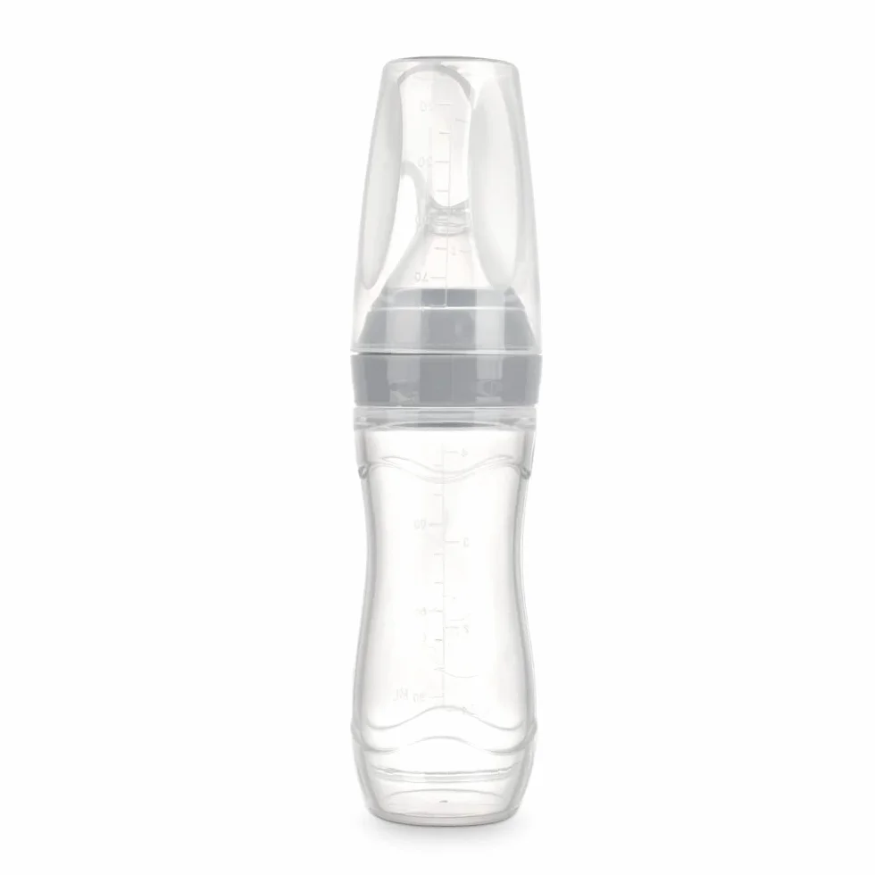 haakaa Biberon in silicone con cucchianio per L´alimentazione; Biberon per purea, Alimenti solidi per bambini, Bambini di età superiore ai 6 mesi - Grigio