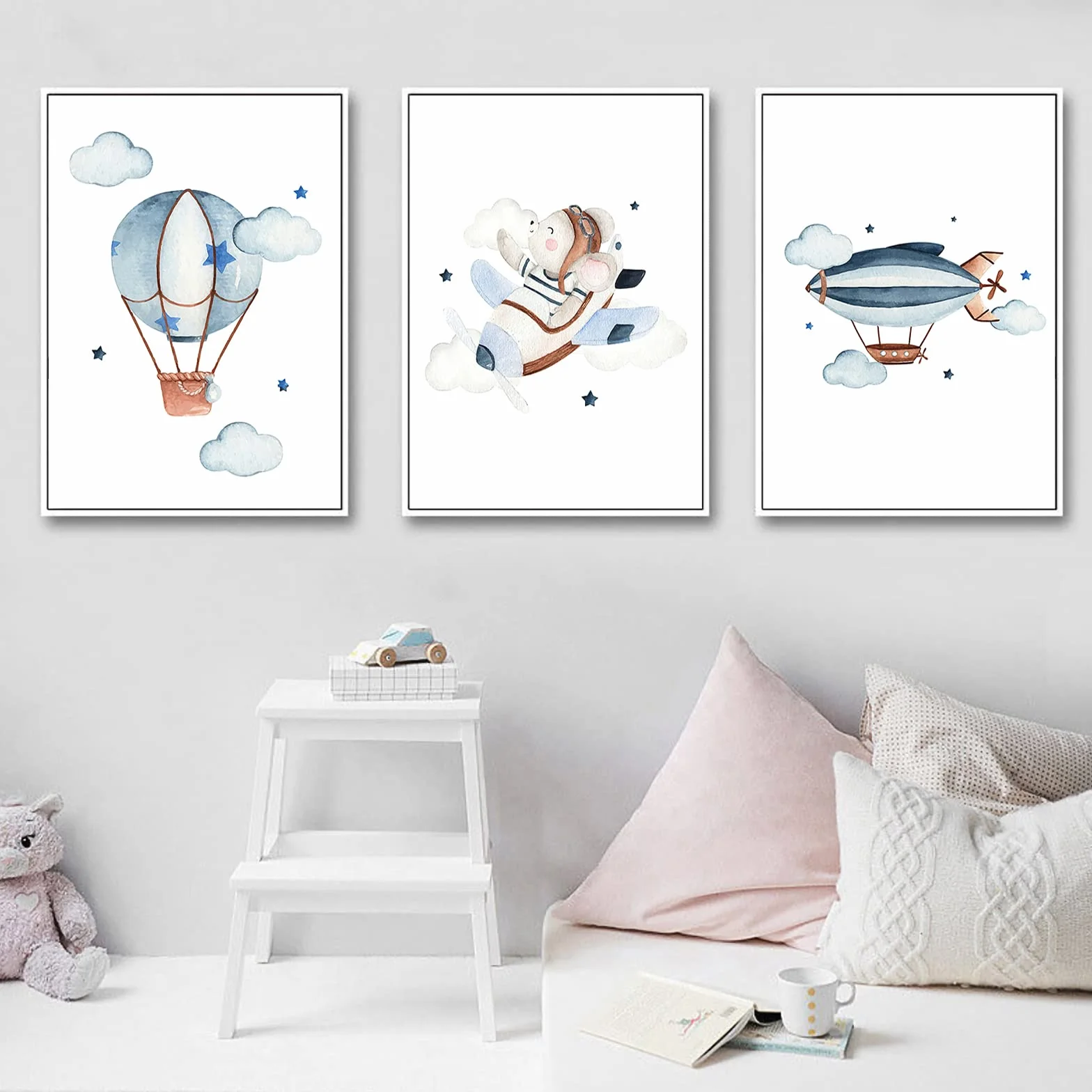 CULASIGN Set di 3 poster per cameretta dei bambini, formato A4, senza cornice, decorazione da parete per bambini, immagini per bambini, auto, aeroplani, palloncini caldi (DEF, 30 x 40 cm)