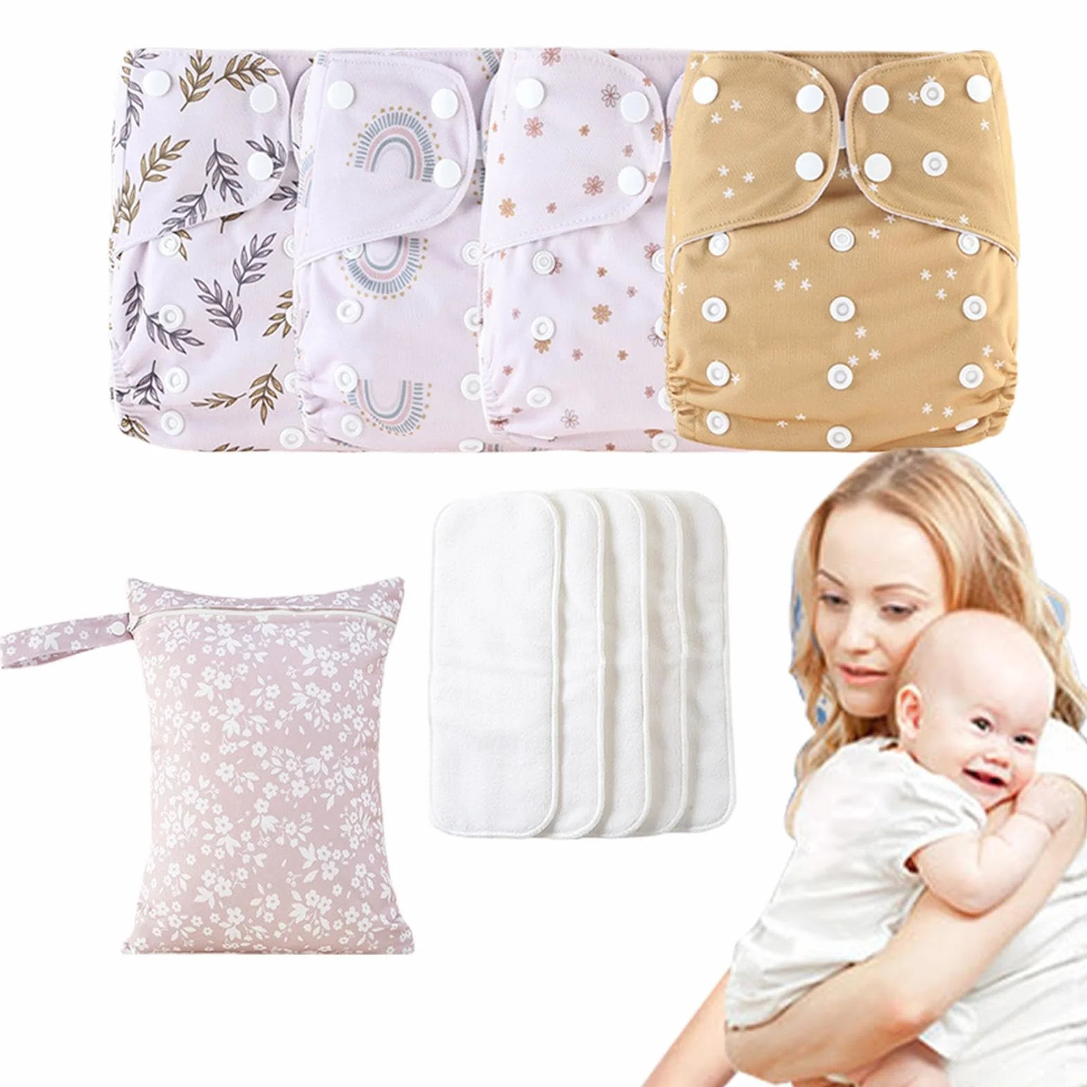 Pannolini riutilizzabili per, pannolini riutilizzabili | Pannolini per bambini riutilizzabili regolabili, 4 fodere assorbenti e traspiranti, copertura impermeabile con 4 inserti e 1