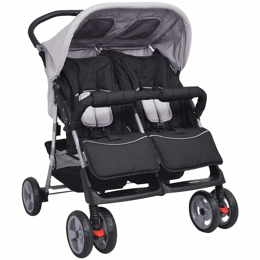 vidaXL Passeggino Gemellare Bambini Regolabile Acciaio Grigio Nero Carrozzina
