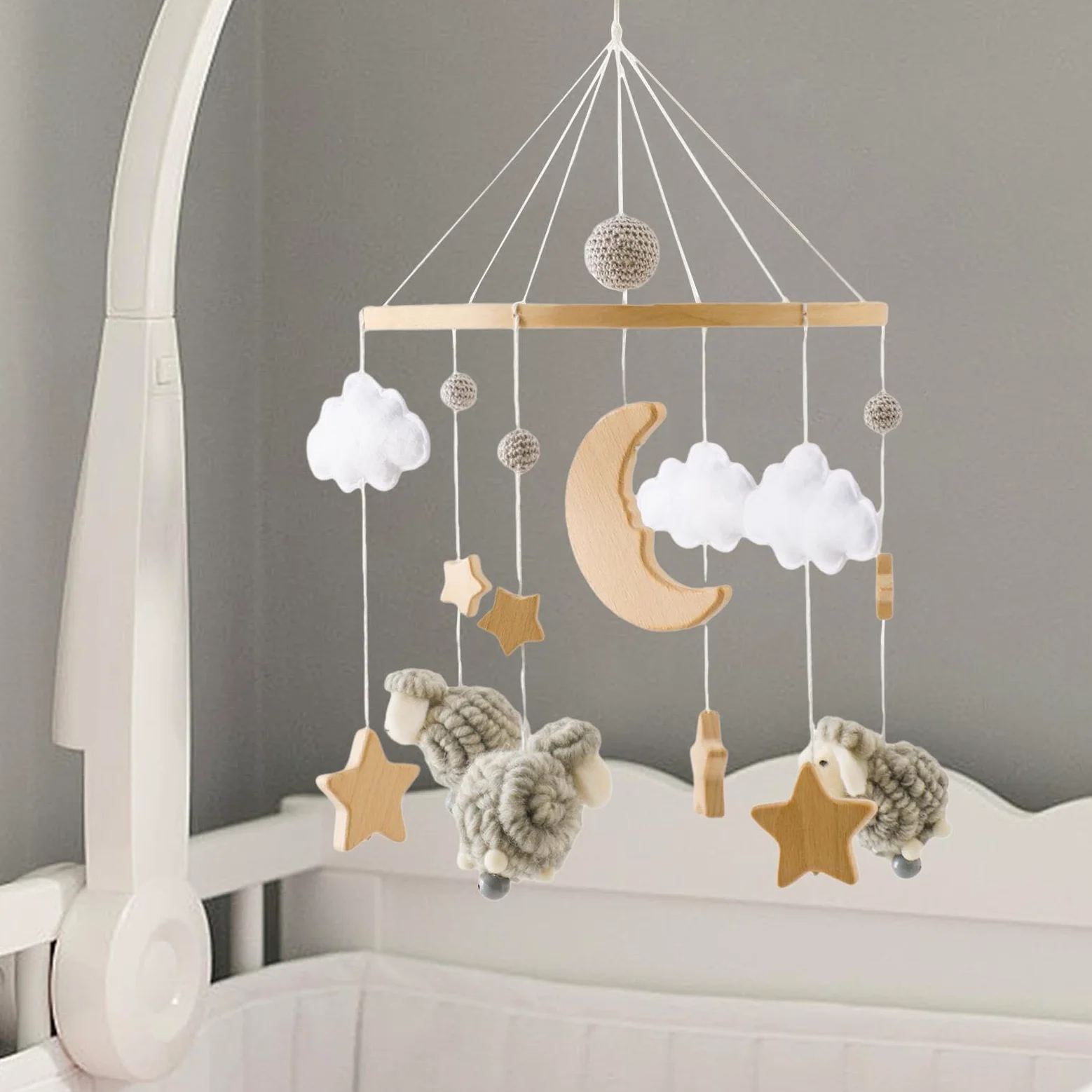 Almencla Giostrina per Culla, Sonagli per Neonati, Decorazioni per, Ornamenti in Feltro, Decorazione Da Appendere, Campanellino, grigio