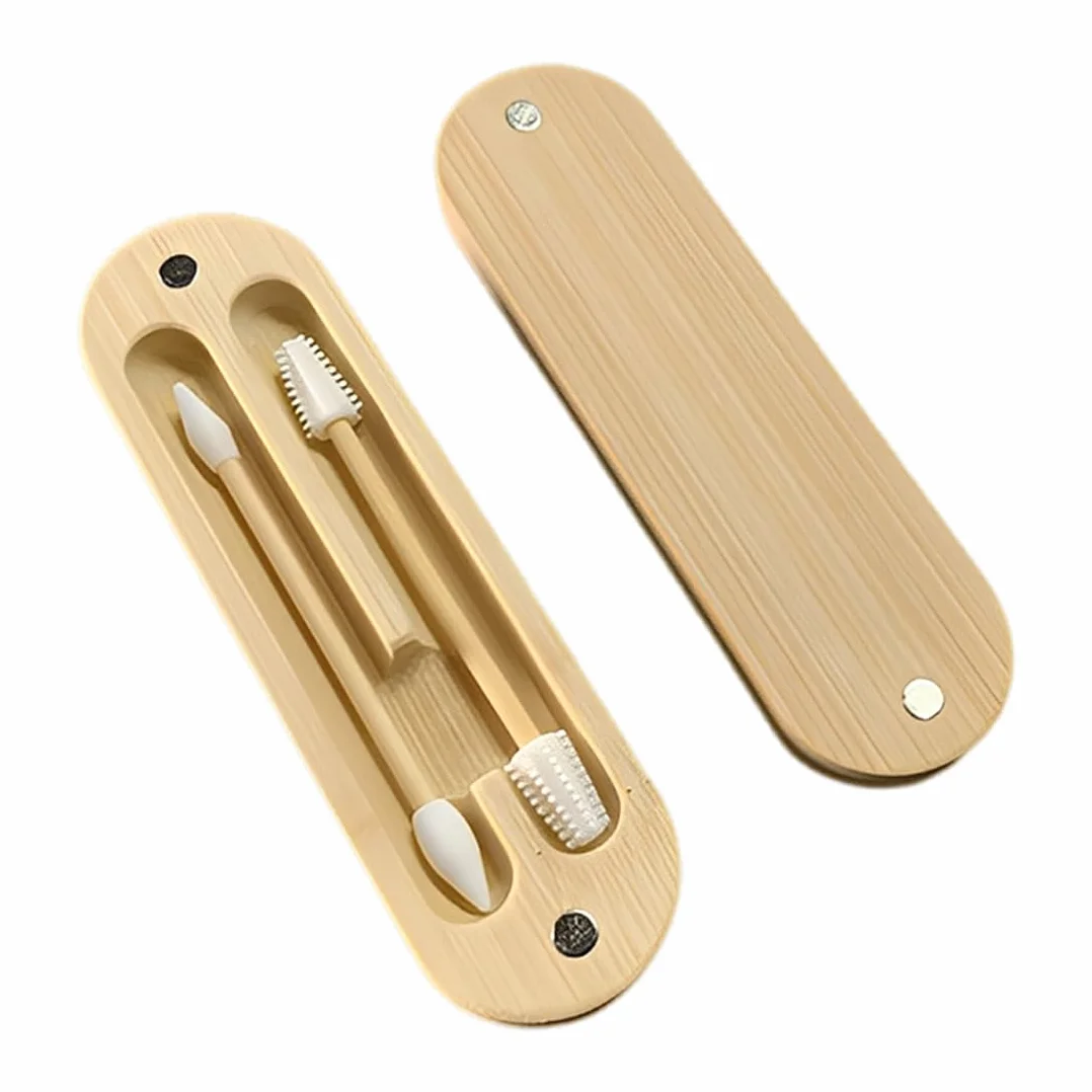 Set di 2 Cotton Fioc Riutilizzabili in Bambù e Silicone con Punta a Spirale per Trucco e Pulizia Orecchie con Custodia Magnetica da Viaggio