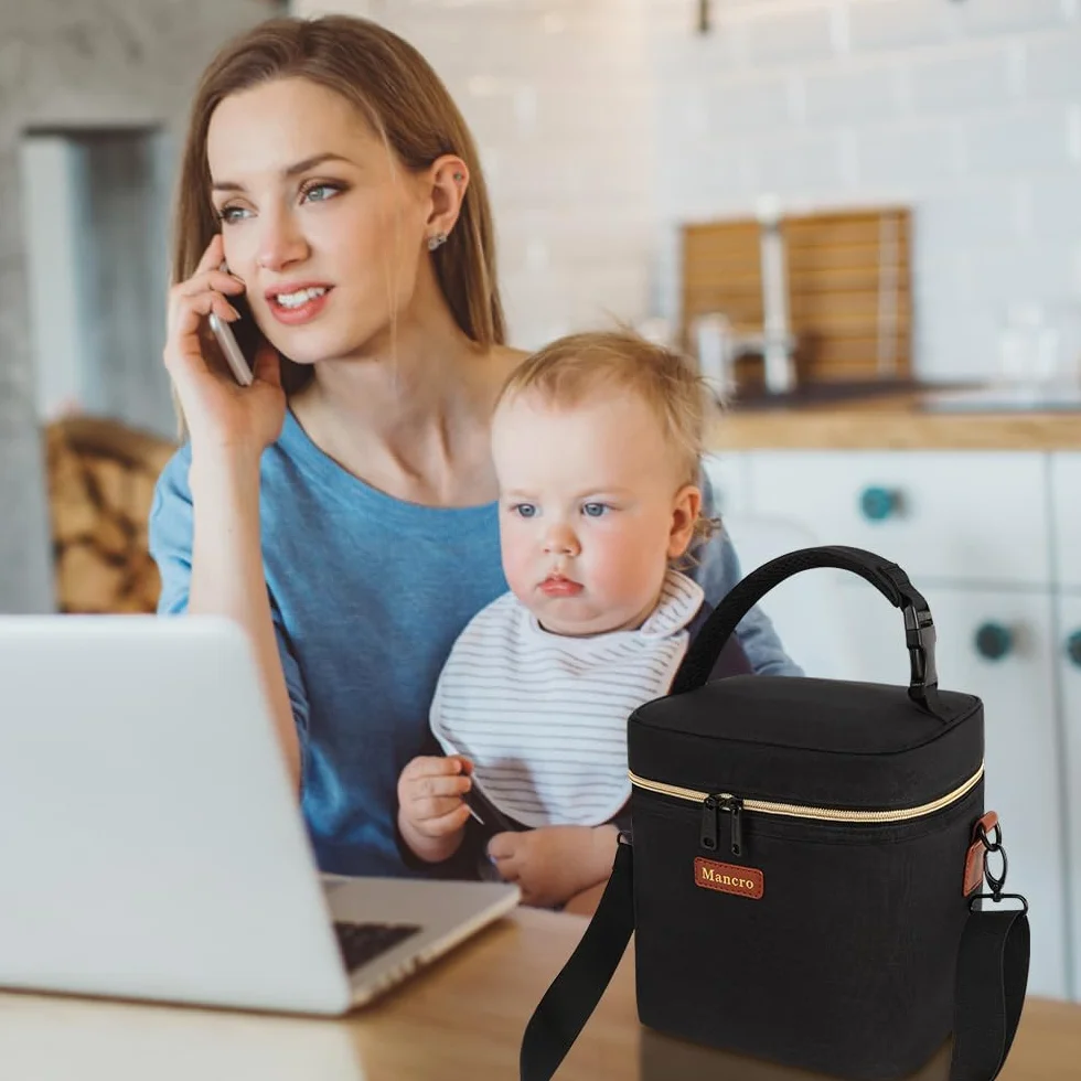 Mancro Borsa Termica Biberon per Latte Materno con Mattonelle Ghiaccio e Tracolla, Borsa Isotermica per Bottiglie Adatto a 6 Biberon, Piccola Borsa Termica Porta Pranzo per Picnic Frutta Mamma, Nero