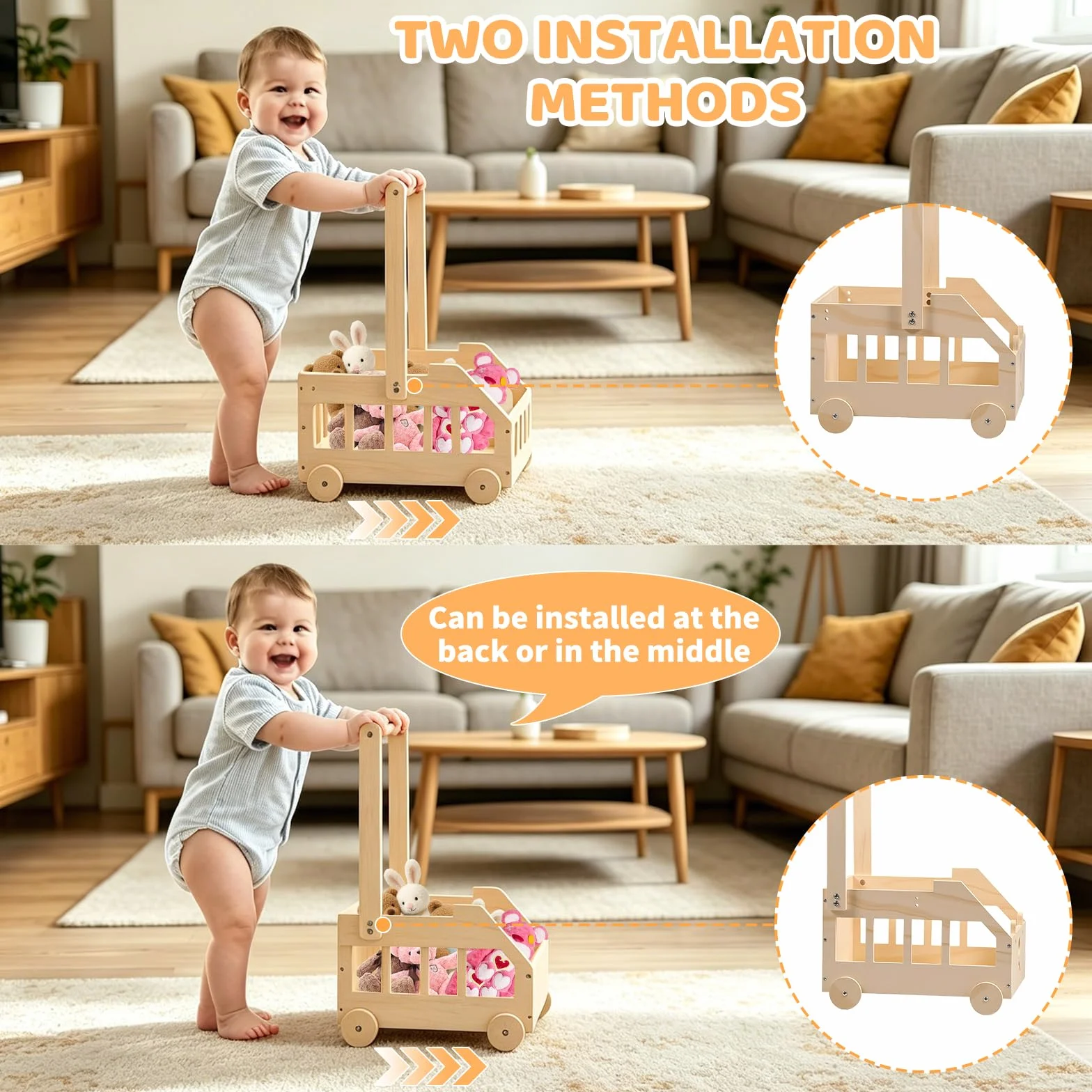 Cesto Nascita Bimbo in Legno con Ruote, Maniglia e 5 Grucce, Cesto Regalo Organizzatore per Prodotti Neonato, Idea Regalo Nascita e Regalo Baby Shower, Design Orsetto per Cameretta