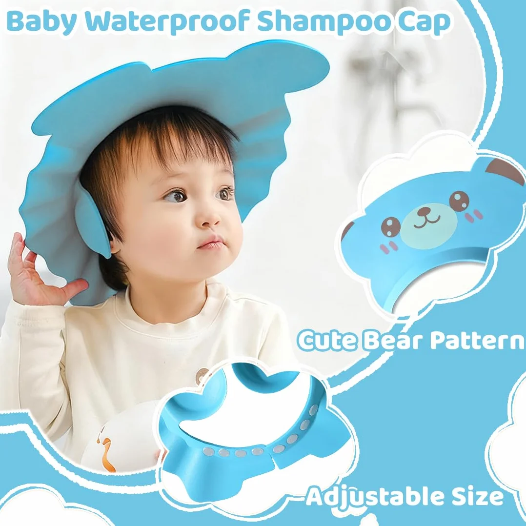 2 cuffie da doccia per bambini con protezione per le orecchie, ausili per lo shampoo, cuffie per il lavaggio dei capelli dei neonati (disegno con orso blu).