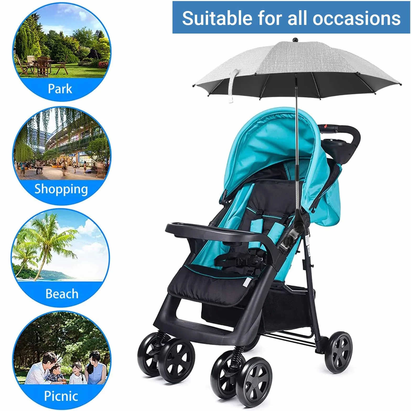 Ombrellino Parasole Passeggino, Ombrellino Passeggino Universale Anti UV 50+, Ombrello Parasole Passeggino con Un Manico, Ombrellone per Passeggino per Carrozzina e Passeggino, Grigio