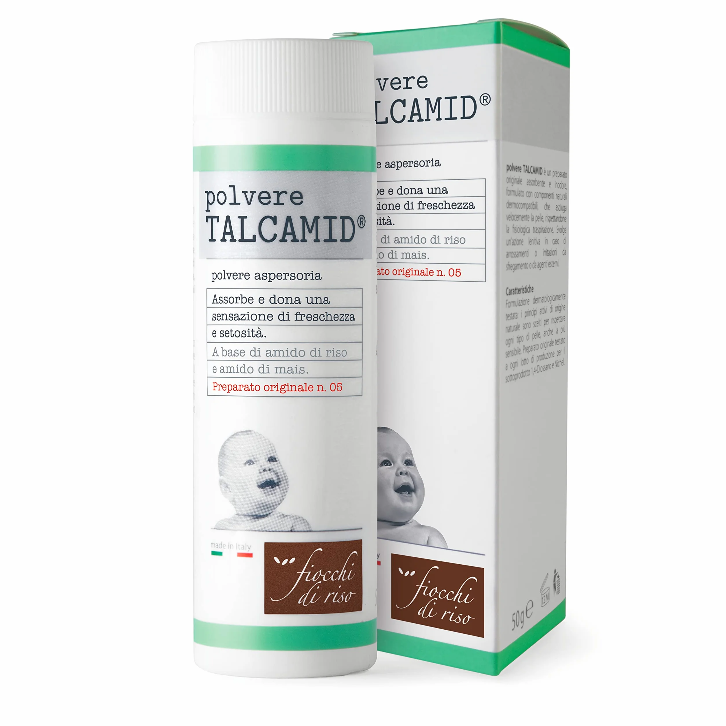 Fiocchi di Riso - Polvere TALCAMID - 50g - SUDORAZIONE E SUDAMINA - Coadiuva il trattamento della sudamina, ideale per la cute dei neonati, infanti e bambini.