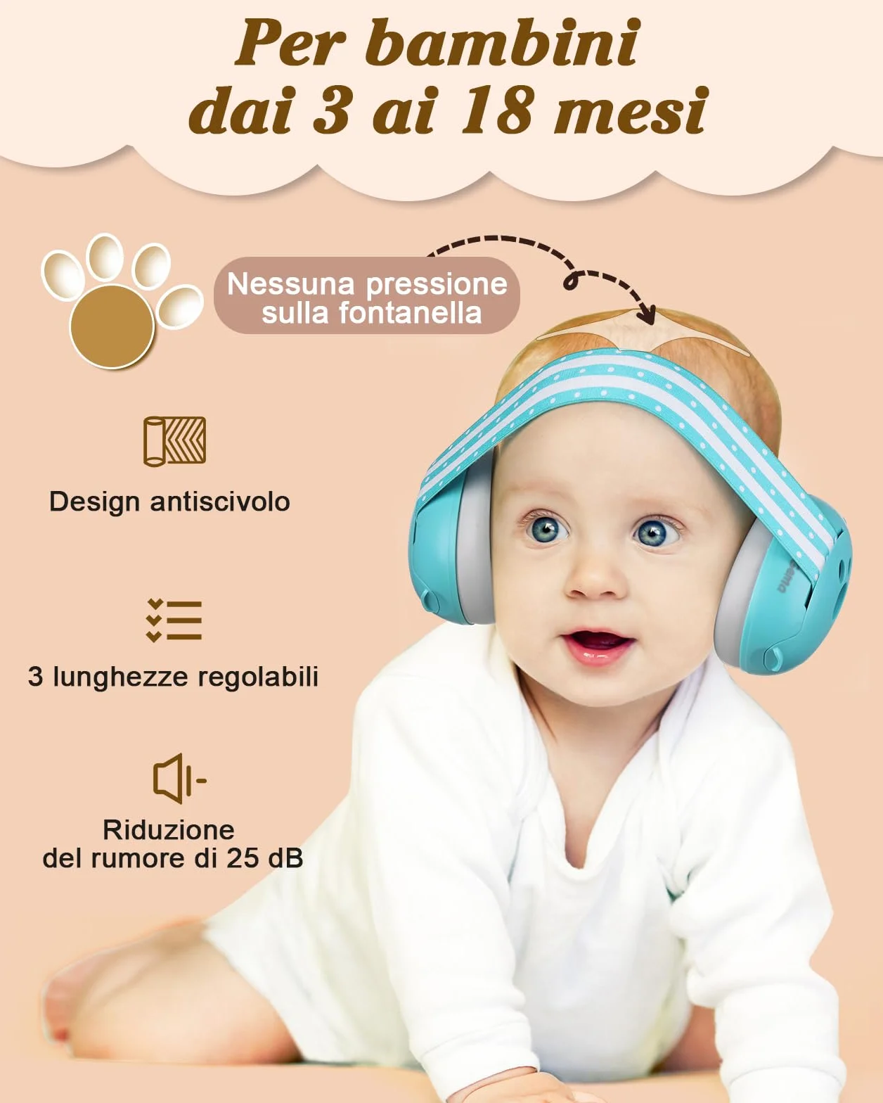 Lilian&Gema 2 in 1 Cuffie Neonato Antirumore -25dB,Protettori acustici per neonati, archetto regolabile, antiscivolo e antistress, protezione acustica ideale per neonati fino a 48 mesi