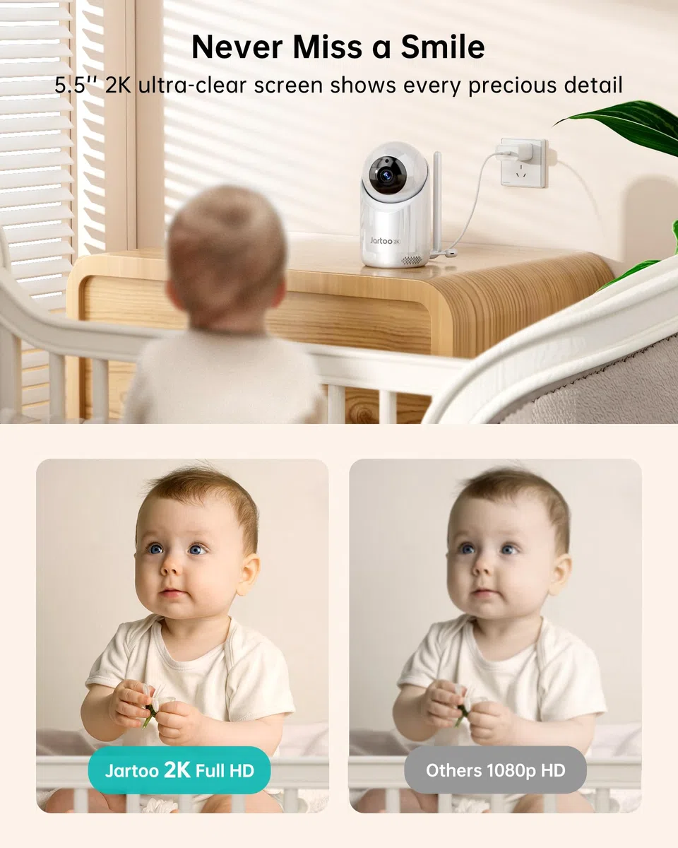 Jartoo Baby monitor con video 2K e videocamera e audio, monitor per bambini a lungo raggio di 567 metri senza WiFi, schermo FHD da 5,5", telecamera per bambini ANC wireless, orologio alimentatore