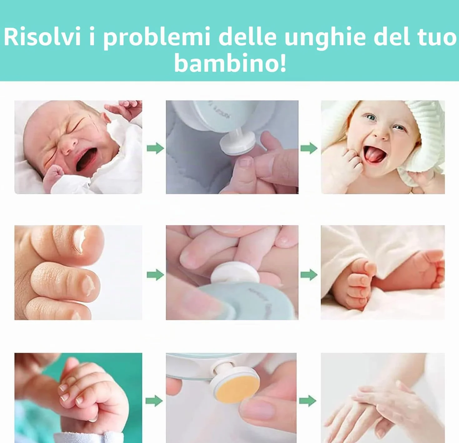 Tagliaunghie Neonato,Lima Unghie per Bambini,6 in 1 Lima per unghie elettrica per bambini,Tagliaunghie per Bambini, con Testine Abrasive Intercambiabili(Verde)