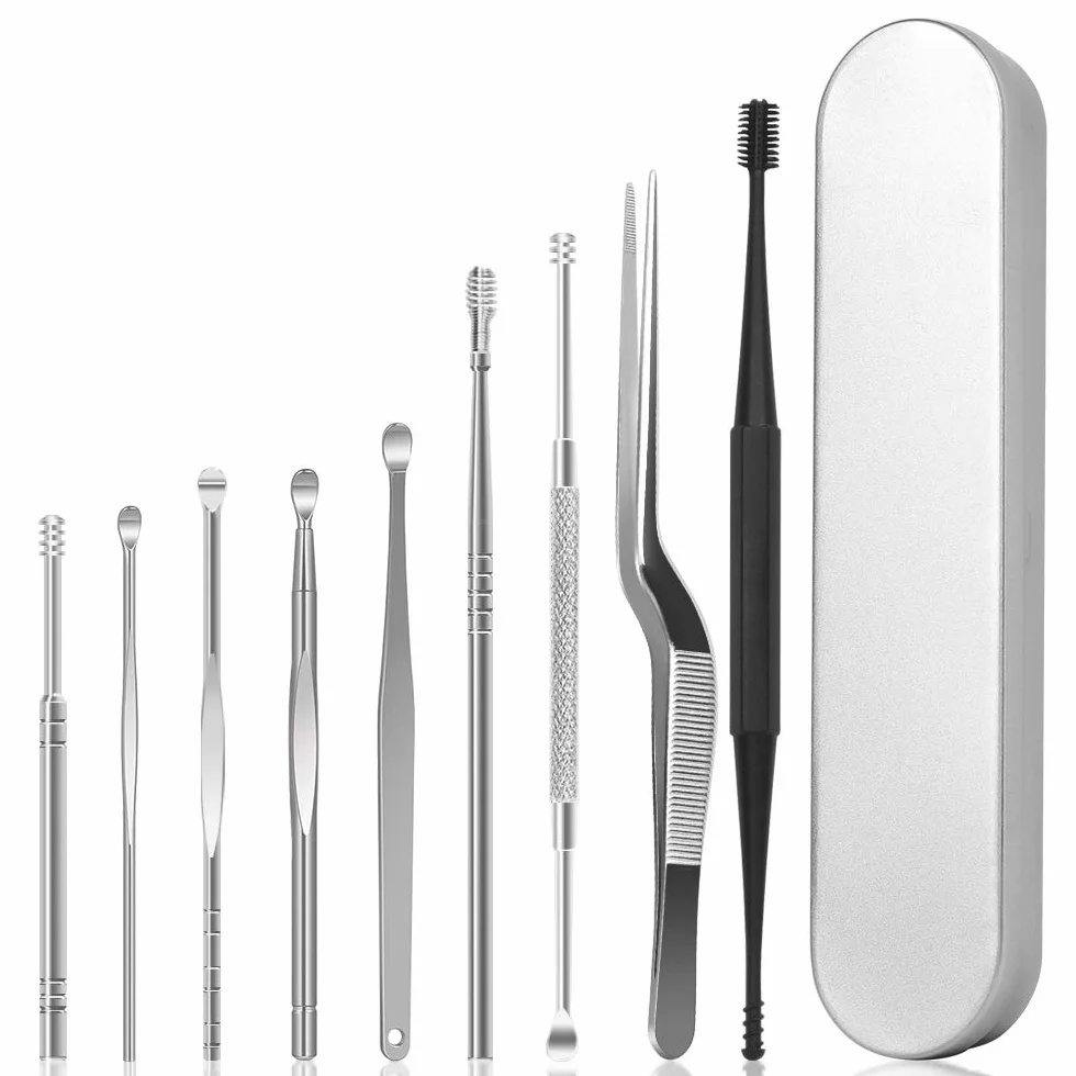 Pulisci Orecchie, Kit di Rimozione del Cerume, 9 Pezzi di Strumenti per Pulizia dell’Orecchio in Acciaio Inox, Professionale Pinzetta Curva Curetta Doppio-Punto Spirale con Scatola per Adulti Bambini