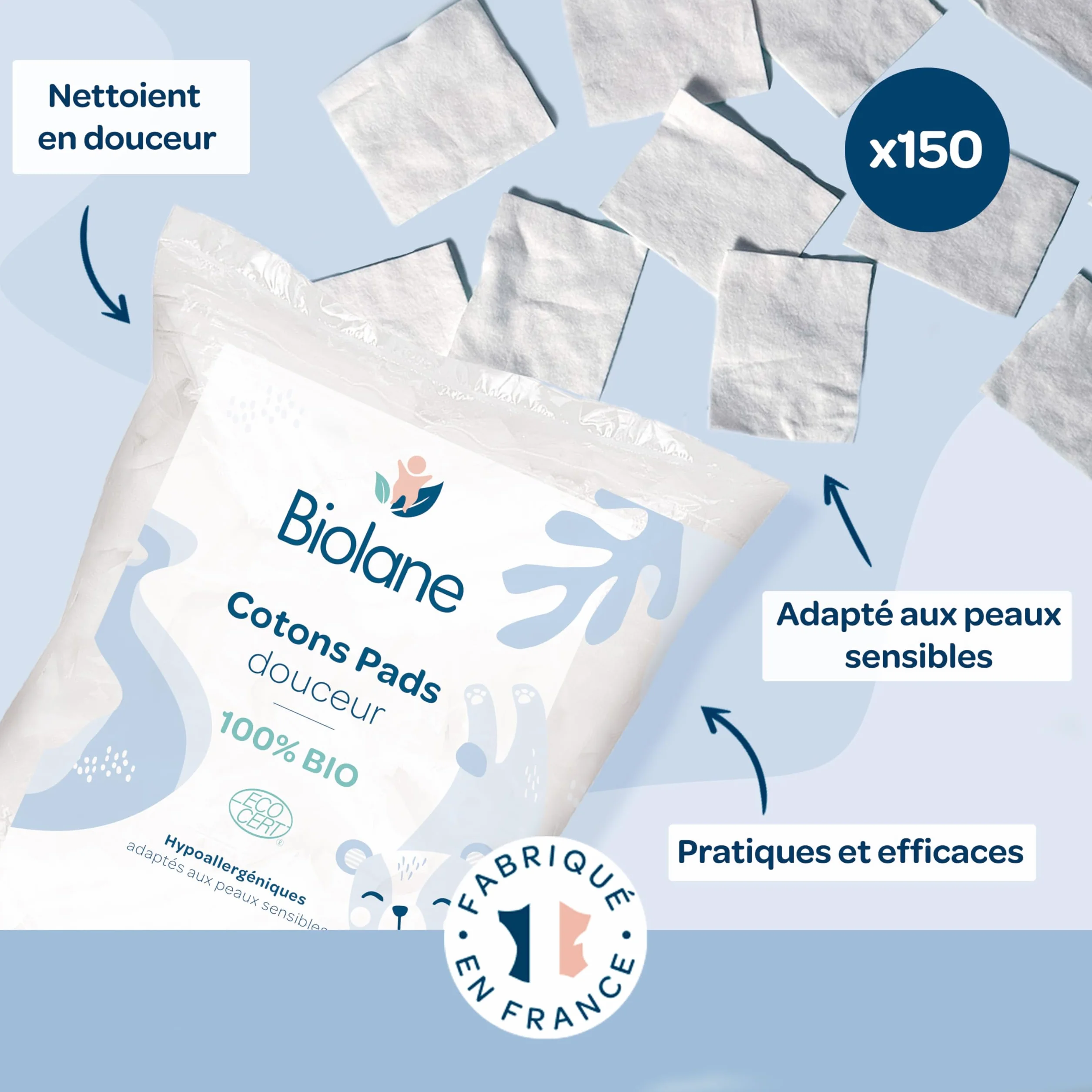 BIOLANE - Set di 3 tamponi morbidi in cotone - Bambino - 100% Bio - 150 cotone - Pelle sensibile - Cambia & Toilette - Fin dalla nascita - Made in France