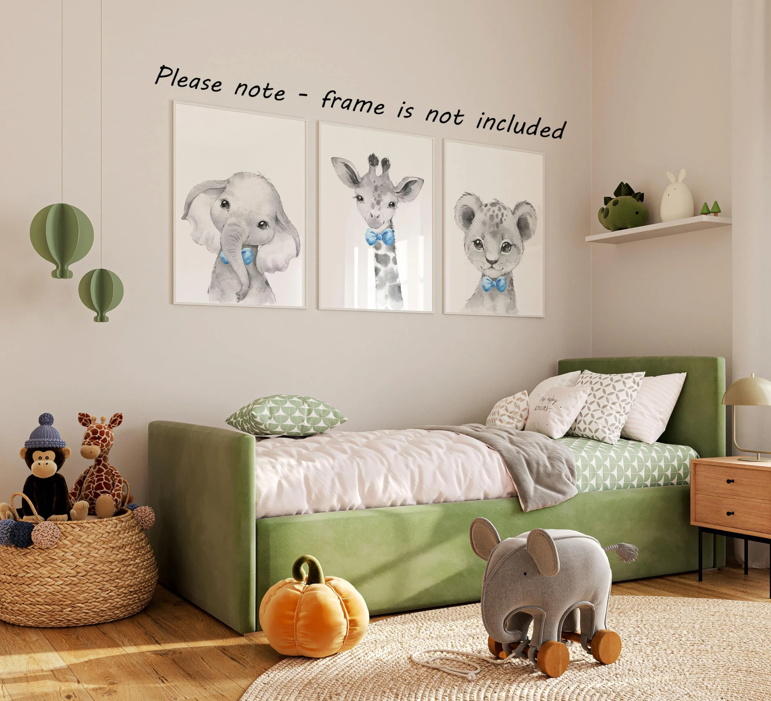 Eviepops Prints Set di 3 Stampe Safari Cameretta Bambini, Poster Animali Elefante Leone Giraffa con Fiocchi Azzurri, Senza Cornice, Decorazione Parete, Idea Regalo Neonato(A3)