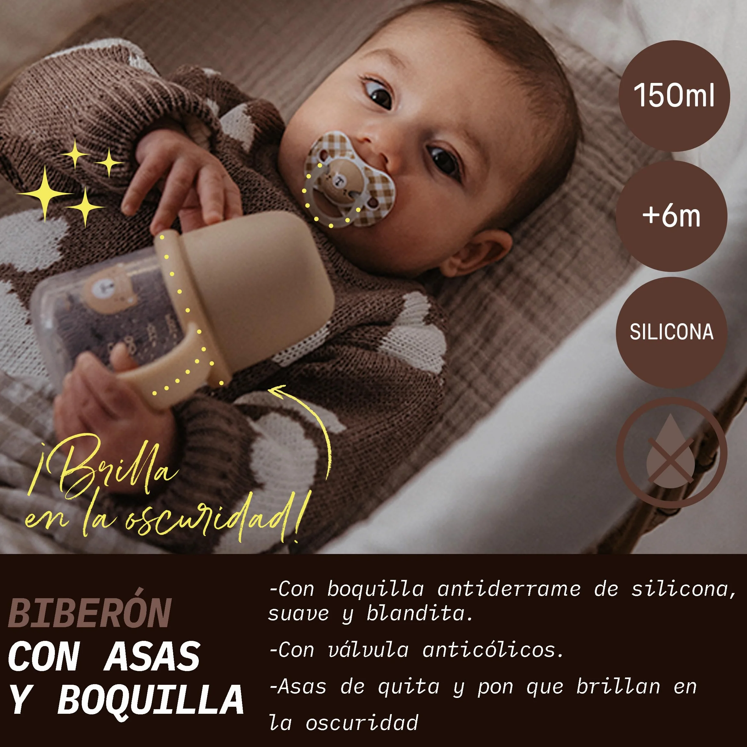 Suavinex, Vaso Aprendizaje Bebé, Taza Antiderrame, Biberón con Asas que Brilla en la Oscuridad, con Boquilla de Silicona y Válvula Anticólico, Ideal para Usar por la Noche, +6 Meses, Wild&Free Beige