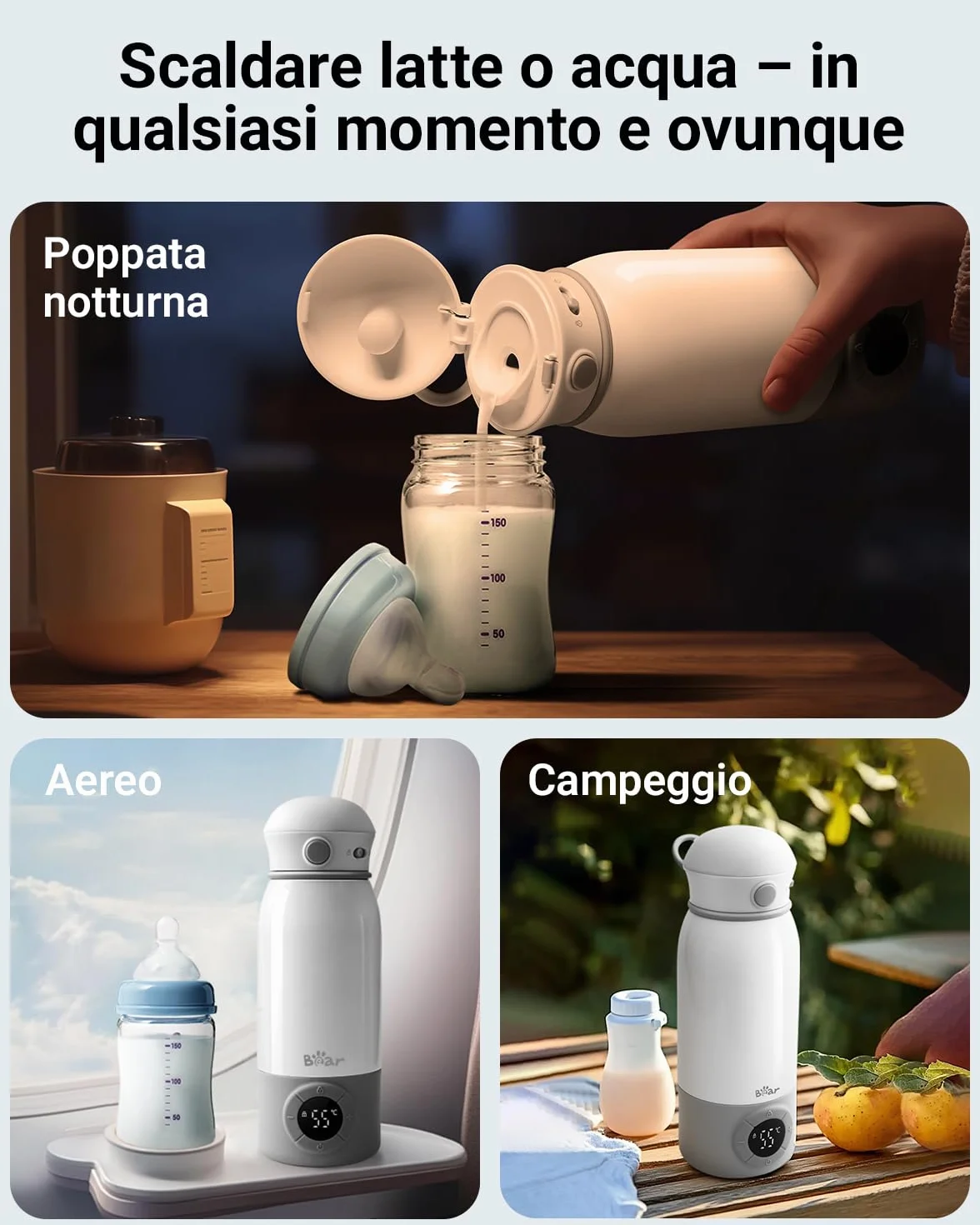 Bear Scaldabiberon portatile, scaldabiberon elettrico a riscaldamento rapido senza BPA, grande capacità di 500 ml per latte materno e acqua, per auto, campeggio e viaggi