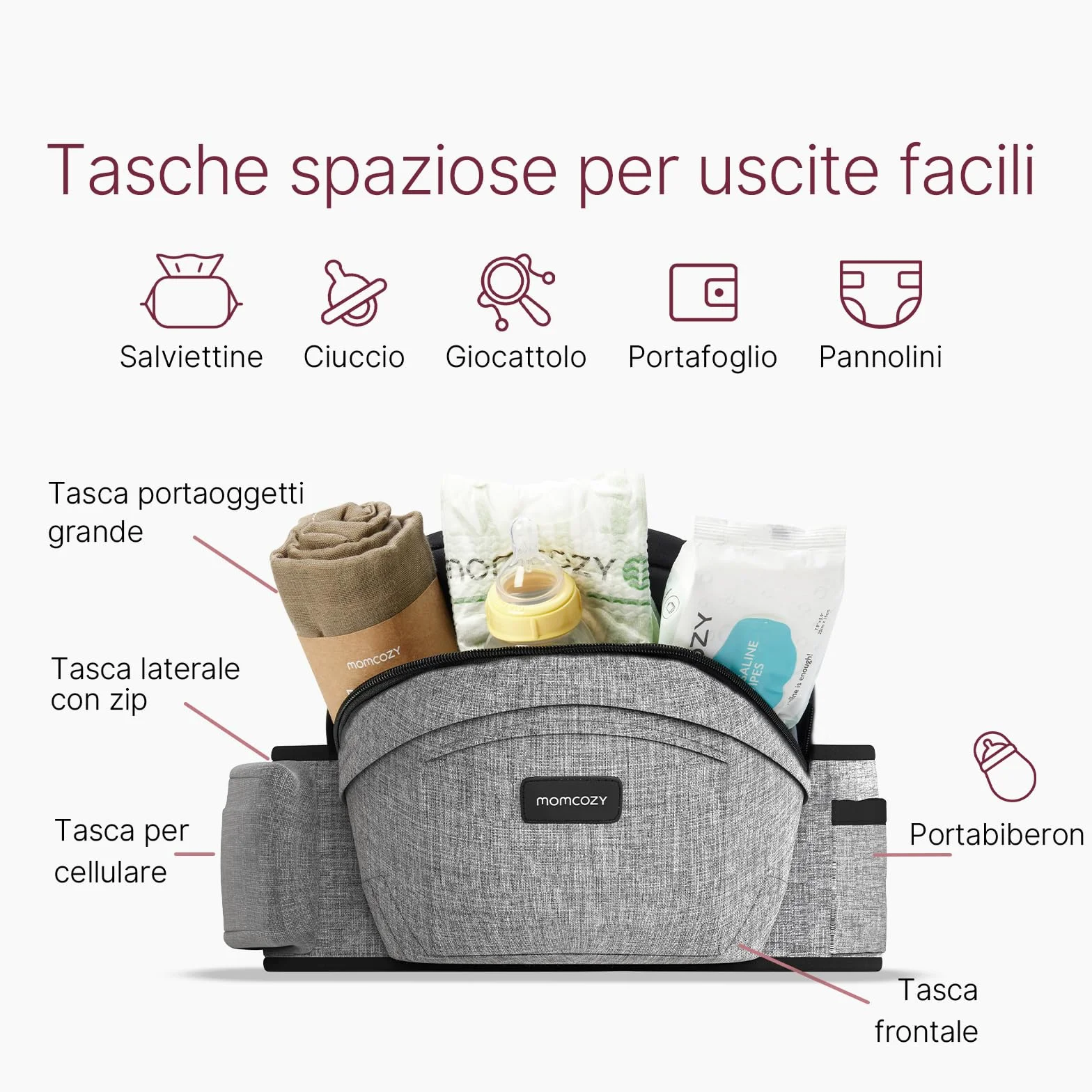 Marsupio per Bambini Momcozy - Cintura Regolabile con Protettore Ventrale 3D Originale, Marsupio Ergonomico con Varie Tasche per Neonati e Bambini fino a 45lbs (Grigio, Medio)