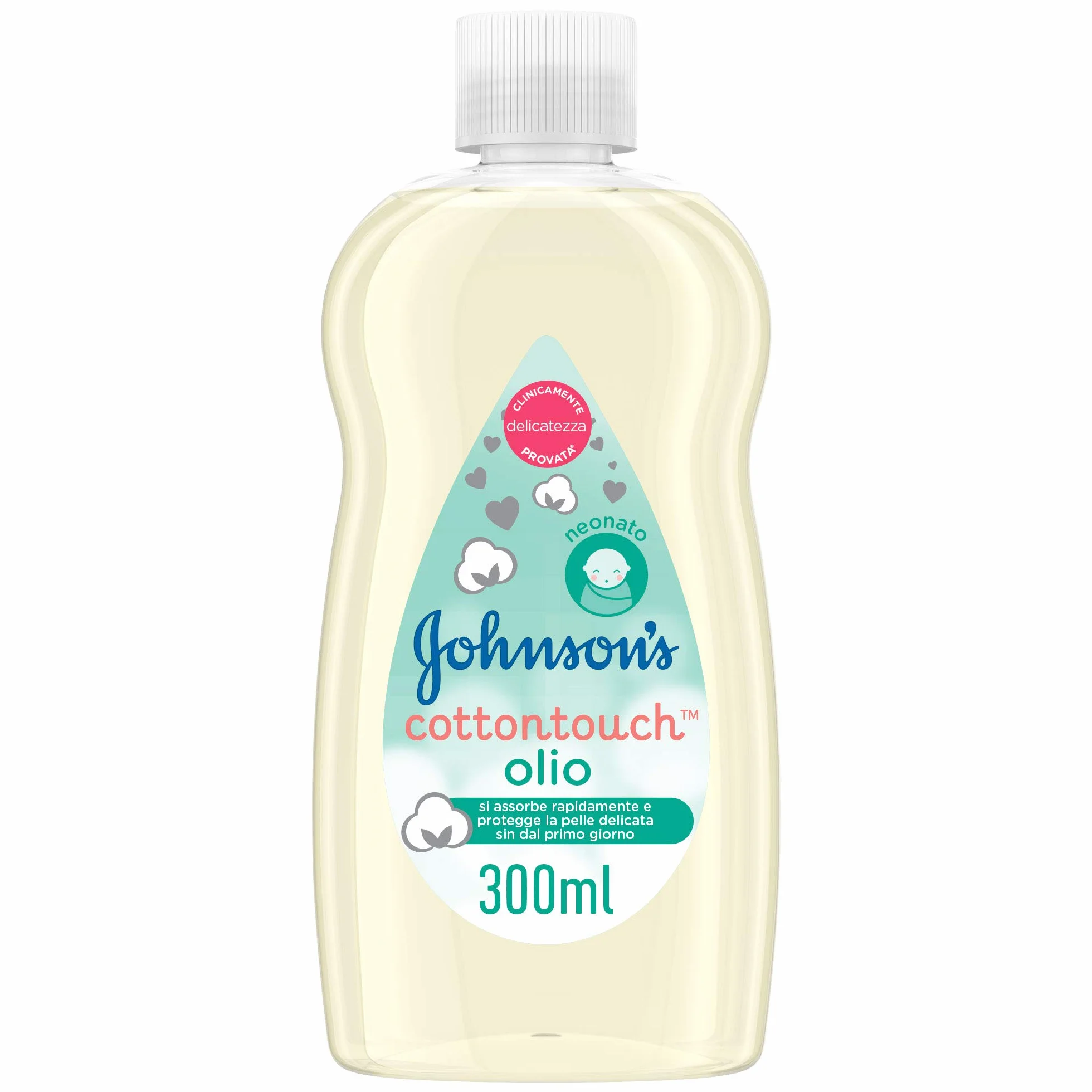 Johnson's Baby Olio Cottontouch, Olio corpo idratante per pelli sensibili e delicate, Olio neonato con vero cotone per il massaggio quotidiano, Olio Johnson's Baby Oil per bambini e adulti, 300 ml