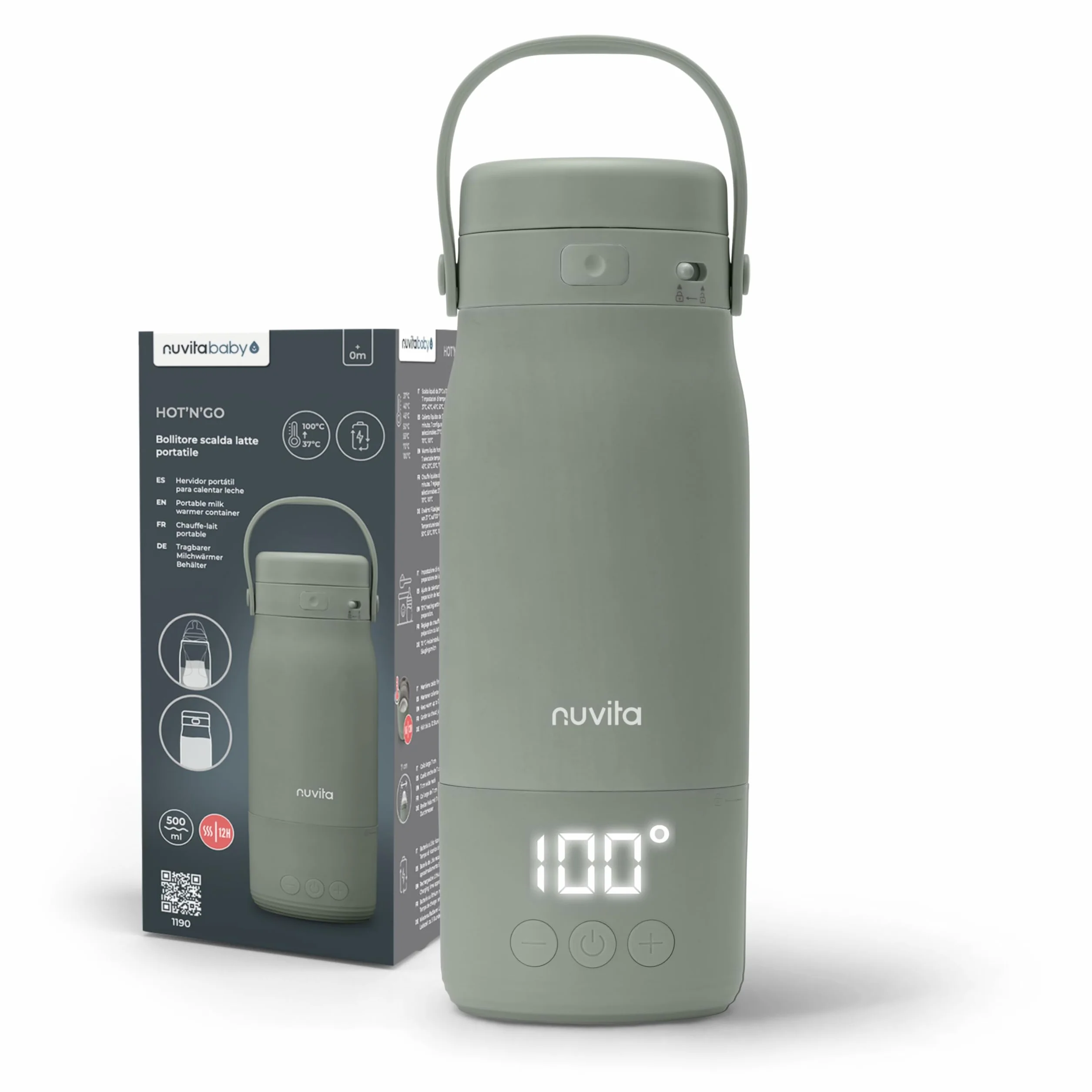 Nuvita 1190 Bollitore Scalda Latte Portatile 500ml – Scaldabiberon Wireless con Batteria Ricaricabile, 3 Temperature Selezionabili 37°/55°/100°, Mantiene Caldo fino a 12h, Ideale per Latte, Tisane