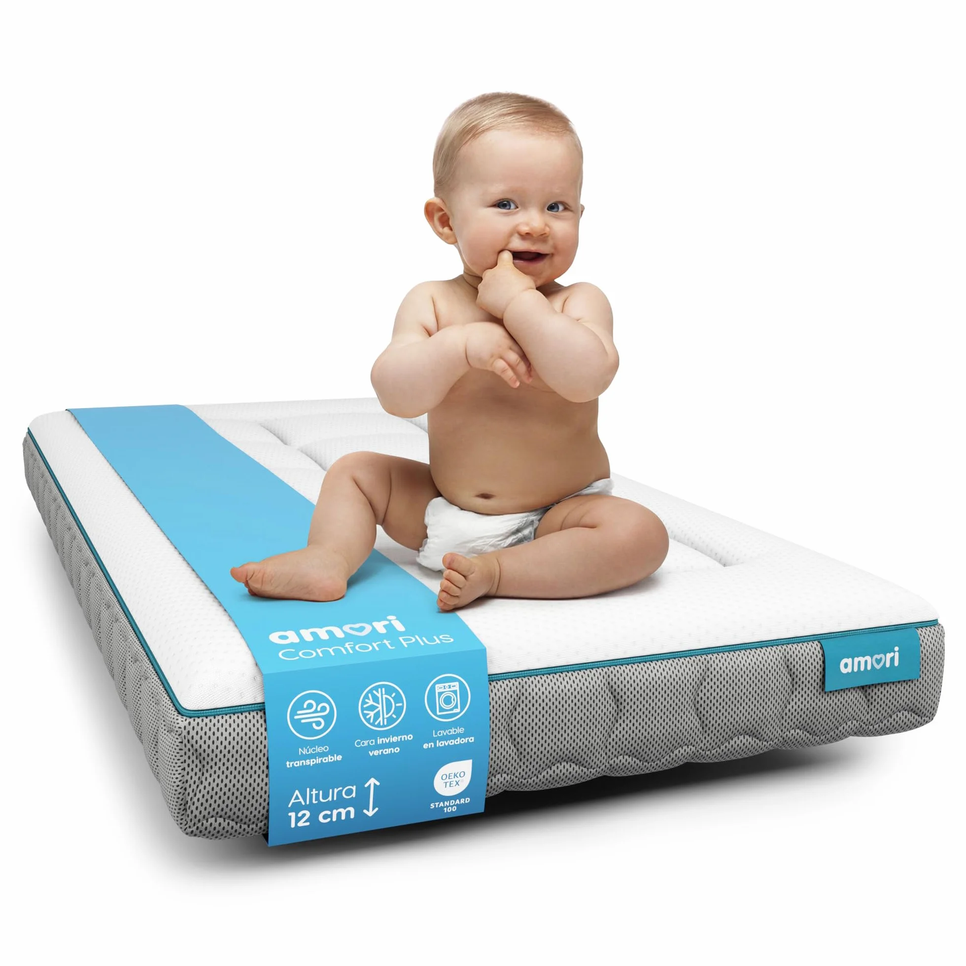 AMORI - Materassino Antisoffoco 117x57 cm per Culla Lettino - Sfoderabile, Anallergico, Antiacaros - Spessore 12 cm - Doppia Faccia Estate/Inverno - Certificato OEKO-TEX - Comfort Plus