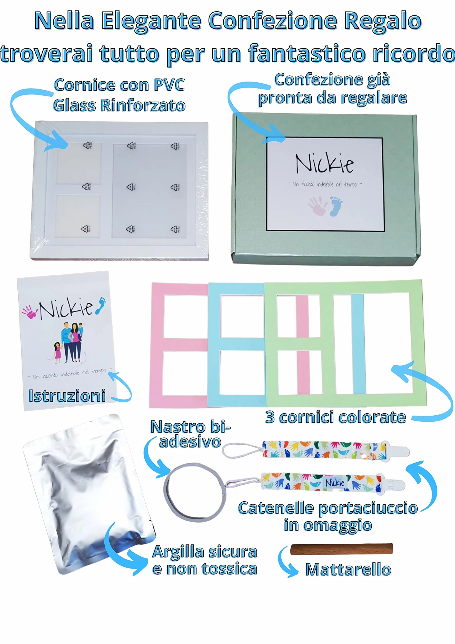 NICKIE Cornice impronte neonato - Kit impronta neonati 4 colorazioni in regalo - Quadretto impronte neonate da parete e da tavolo - Idea regalo per nascita bambino e bambina - Set impronte neonata