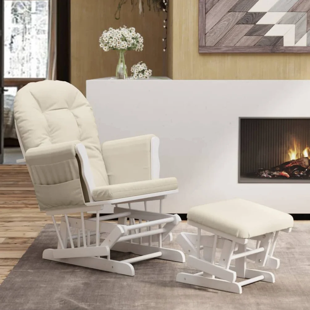 Brokky 351663 Poltrona Glider con Sgabello Bianco Crema in Tessuto Nursing Aliante maternità Sedia a Dondolo con Blocco Scorrevole e poggiapiedi