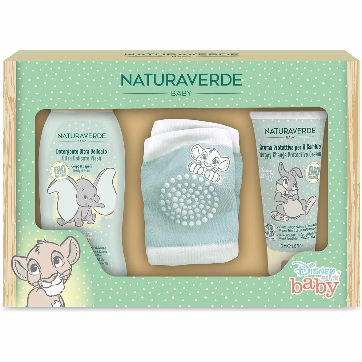 Naturaverde | Kids - Disney Baby - Set Regalo con Detergente Corpo e Capelli 200ml, Crema Protettiva per il Cambio 100ml e Ginocchiere per Gattonare con Antiscivolo